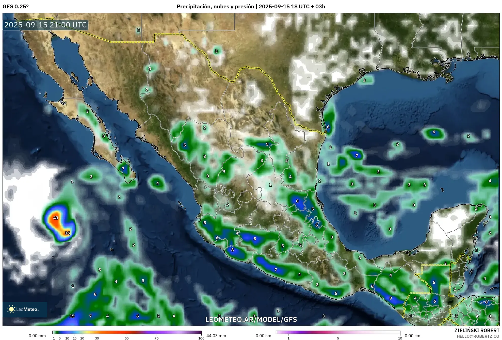GFS model - México, Precipitación, nubes y presión GFS model - México, Precipitación, nubes y presión