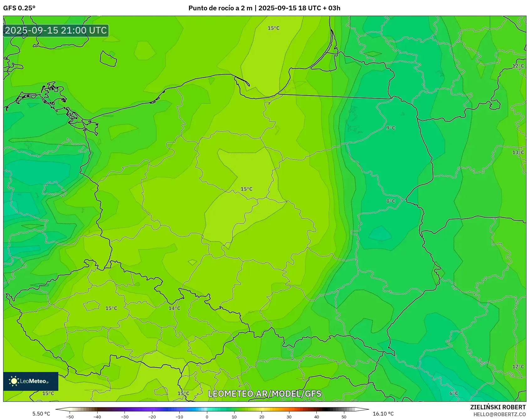 GFS model - Polonia, Punto de rocío a 2 m