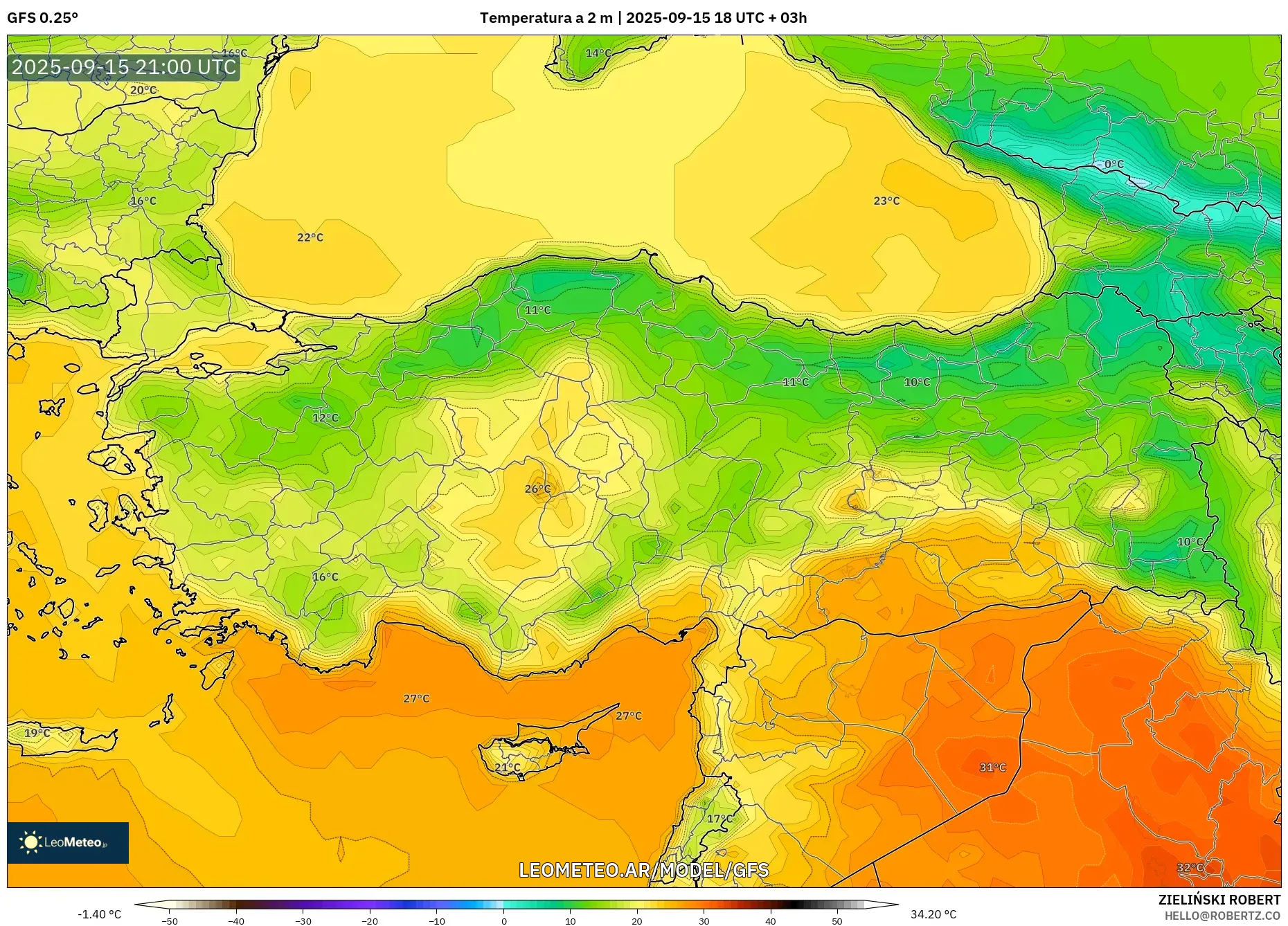 GFS model - Turquía, Temperatura a 2 m