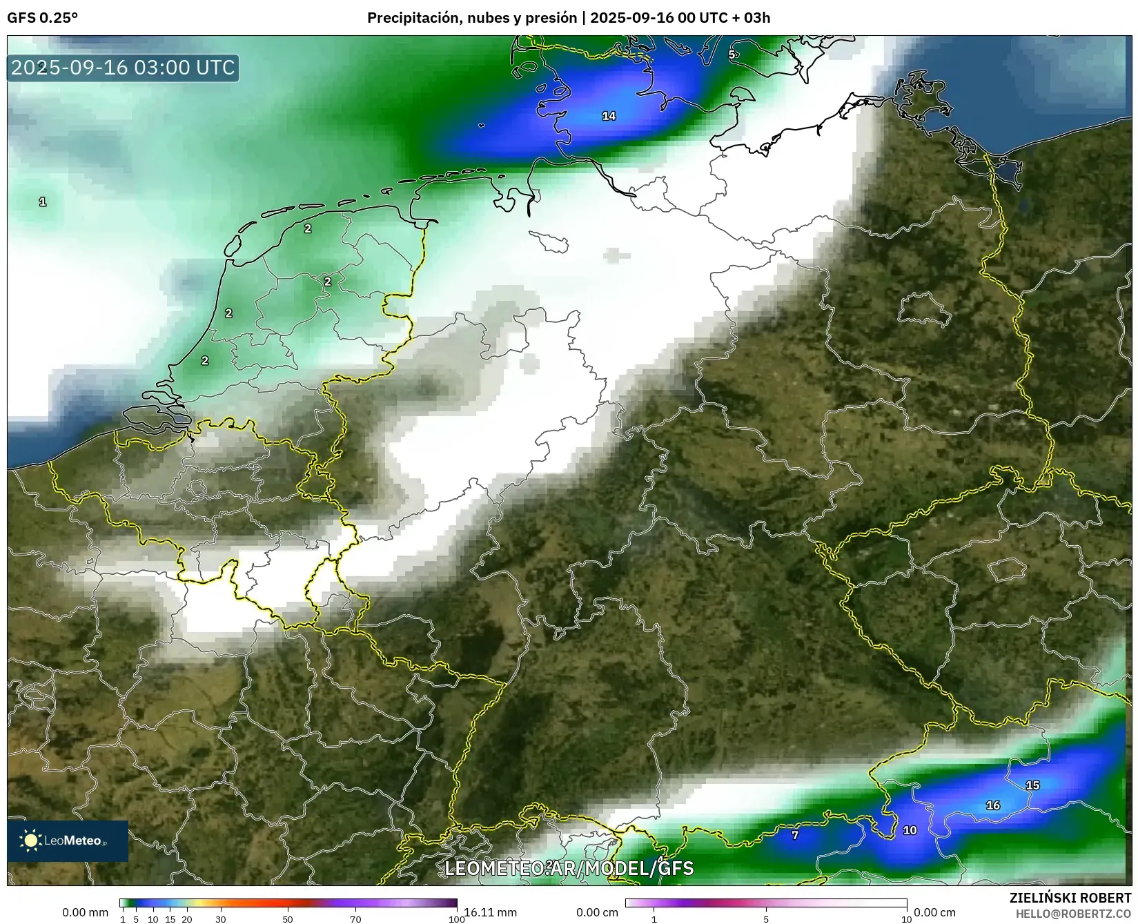 GFS model - Alemania, Precipitación, nubes y presión GFS model - Alemania, Precipitación, nubes y presión