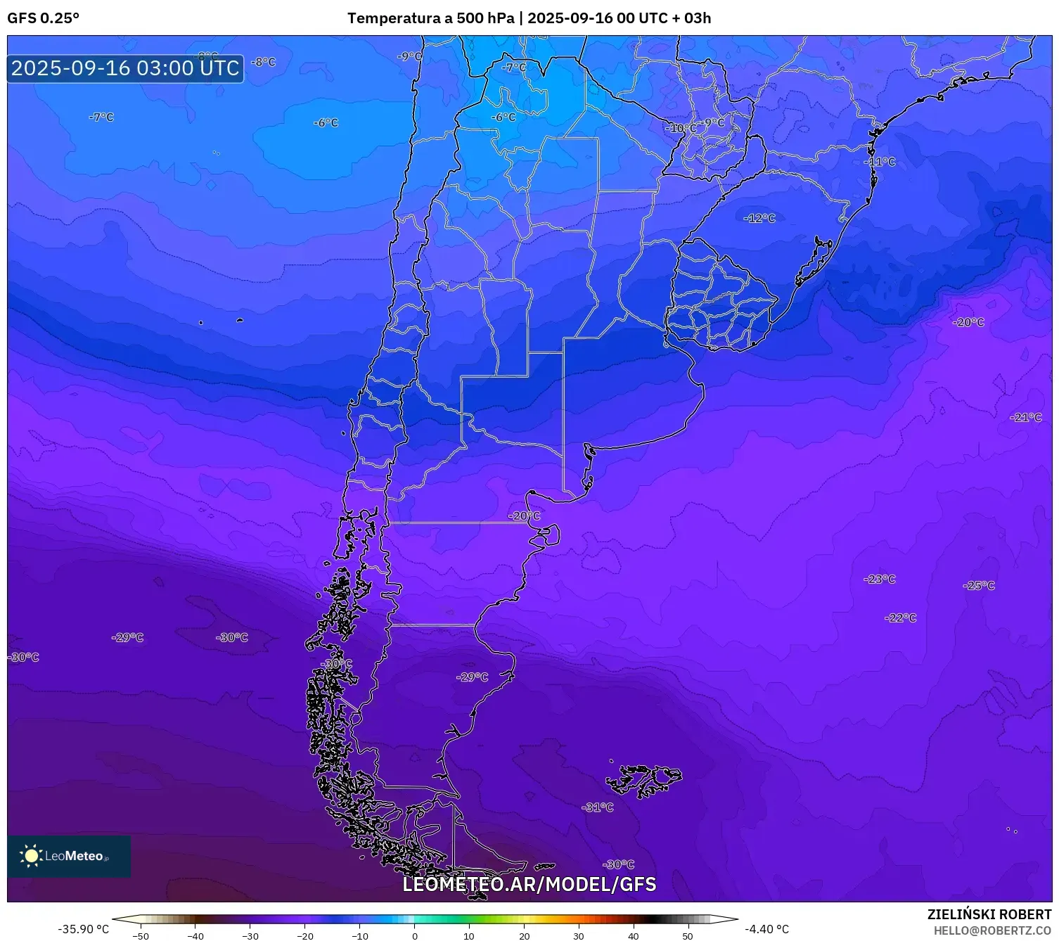 GFS model - Argentina, Temperatura a 500 hPa