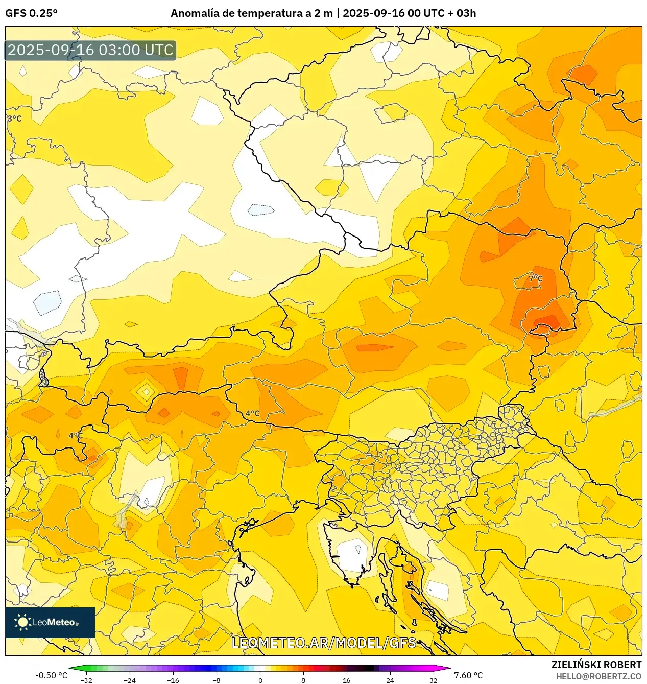 GFS model - Austria, Anomalía de temperatura a 2 m