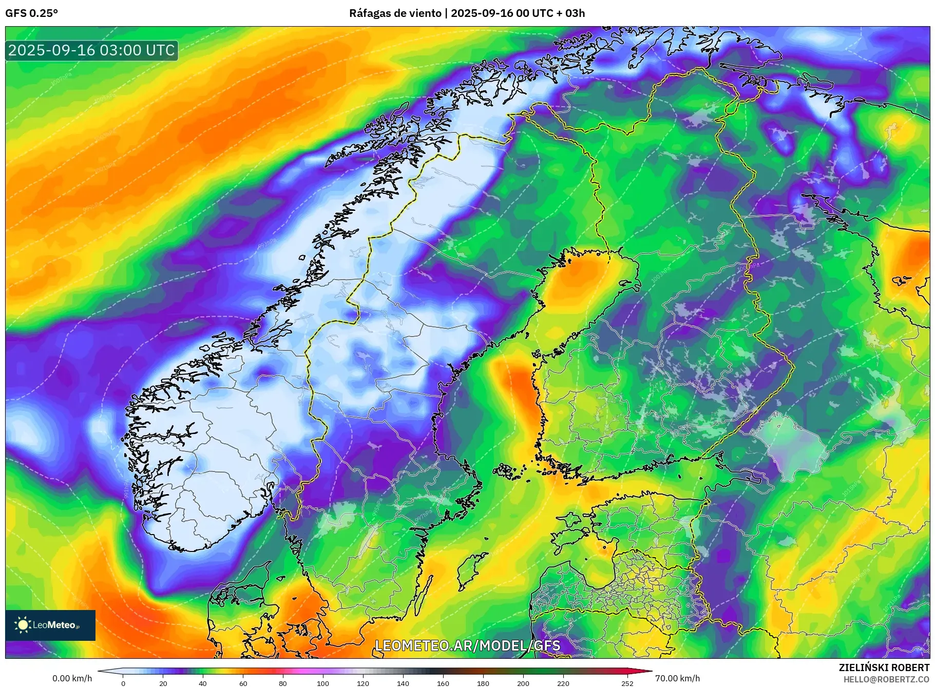 GFS model - Escandinavia, Ráfagas de viento