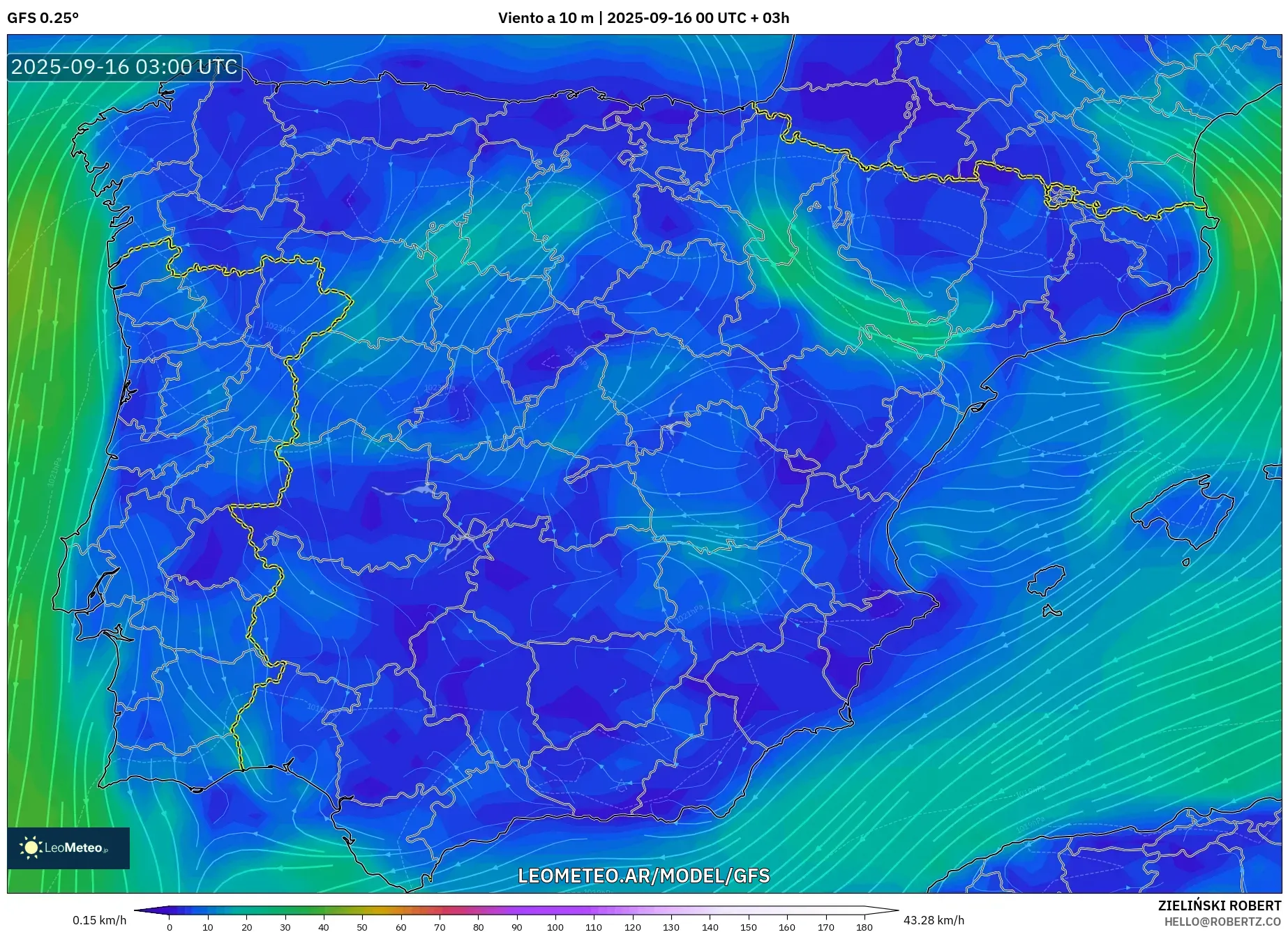 GFS model - España, Viento a 10 m
