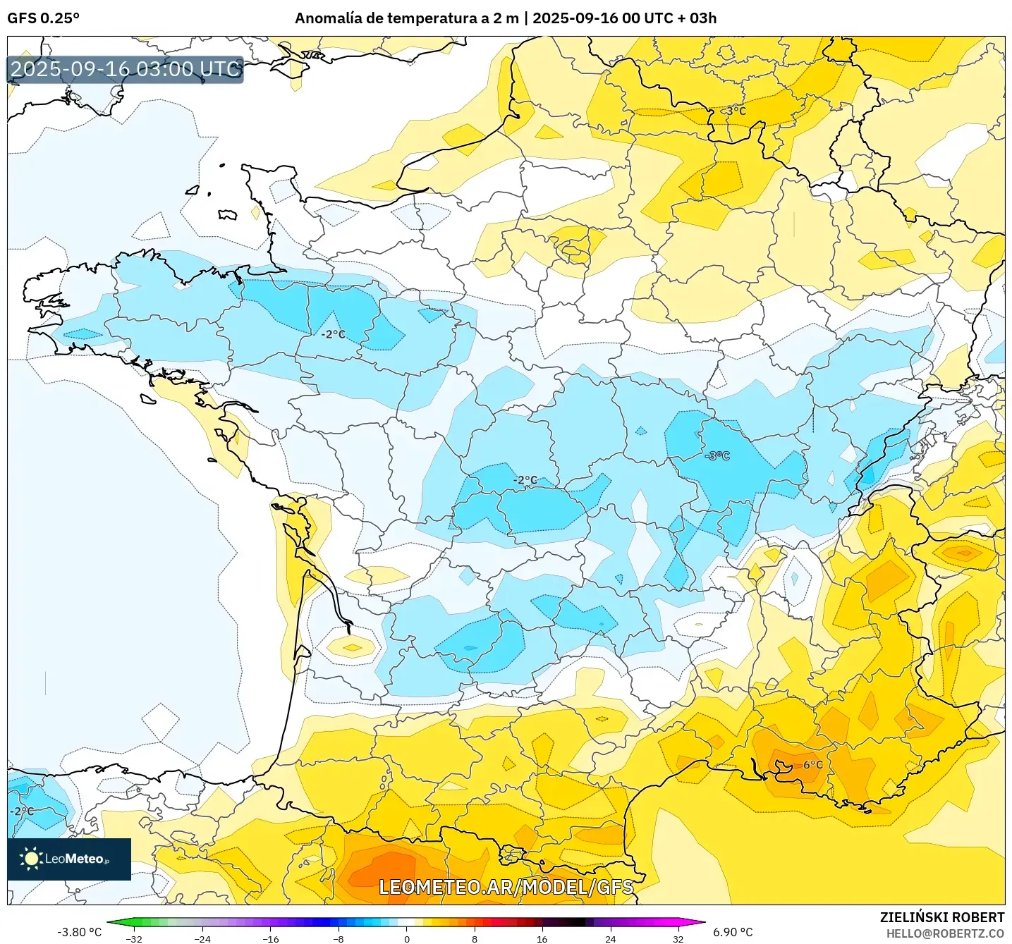 GFS model - Francia, Anomalía de temperatura a 2 m