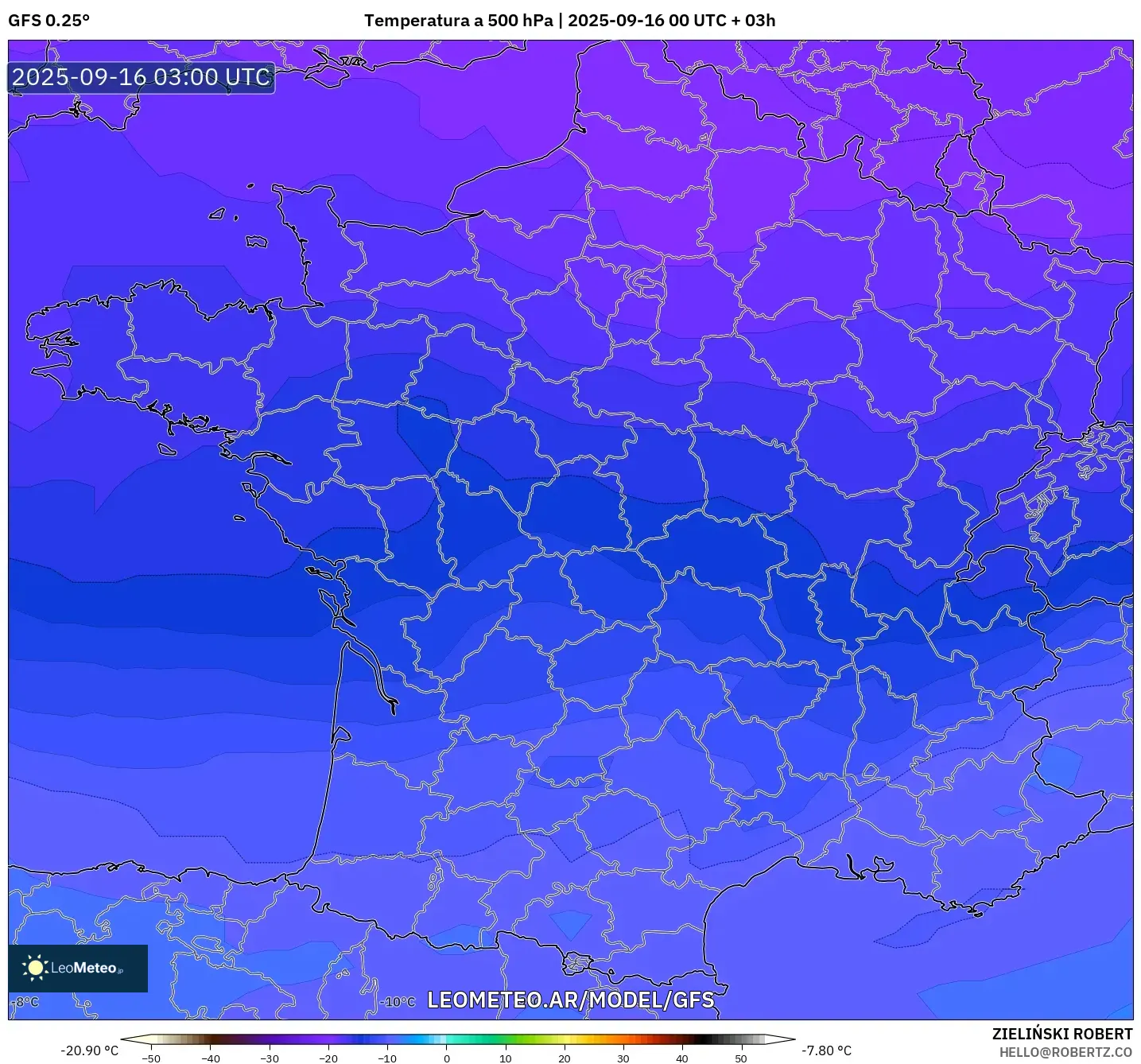 GFS model - Francia, Temperatura a 500 hPa