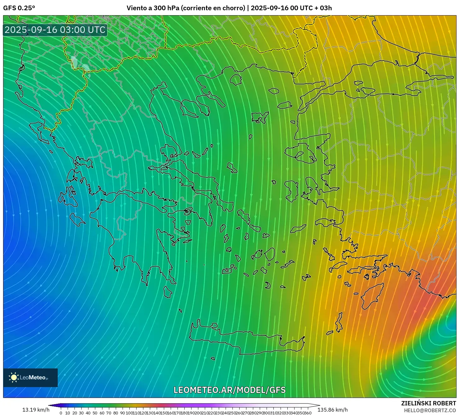 GFS model - Grecia, Viento a 300 hPa (corriente en chorro)