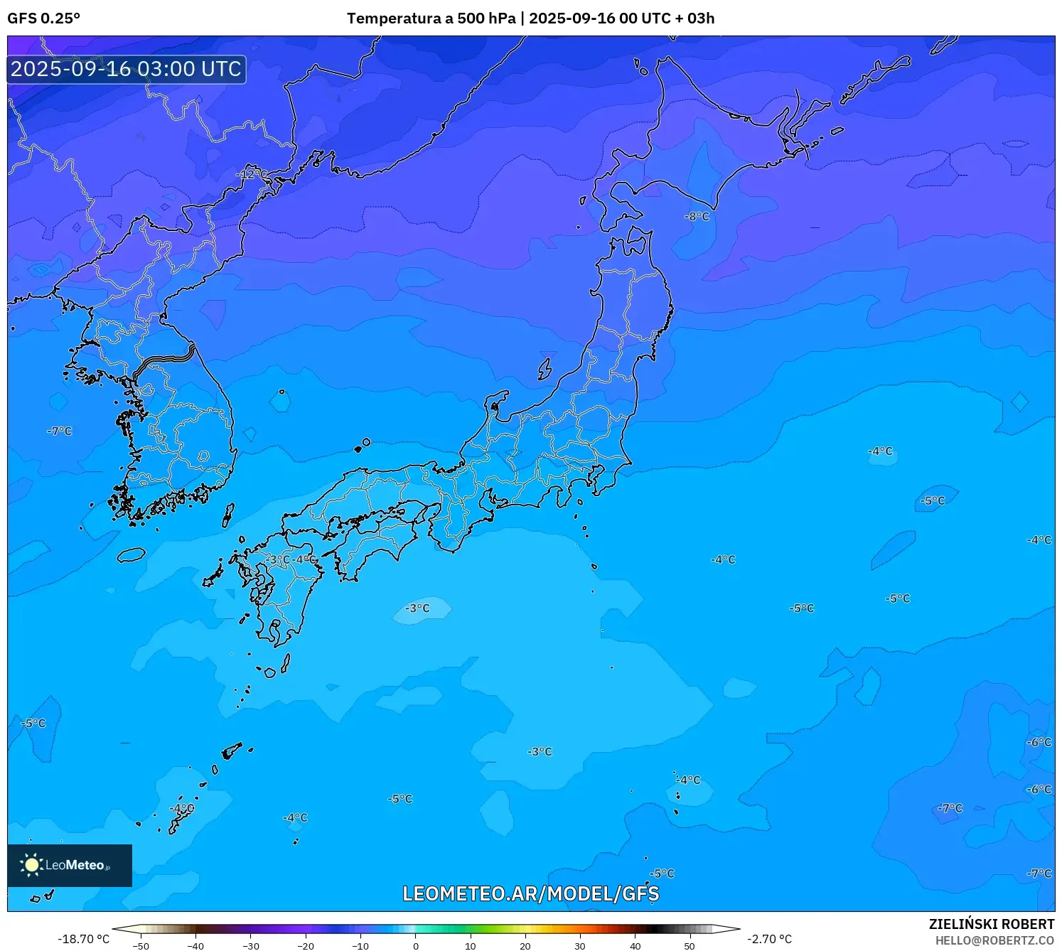 GFS model - Japón, Temperatura a 500 hPa GFS model - Japón, Temperatura a 500 hPa