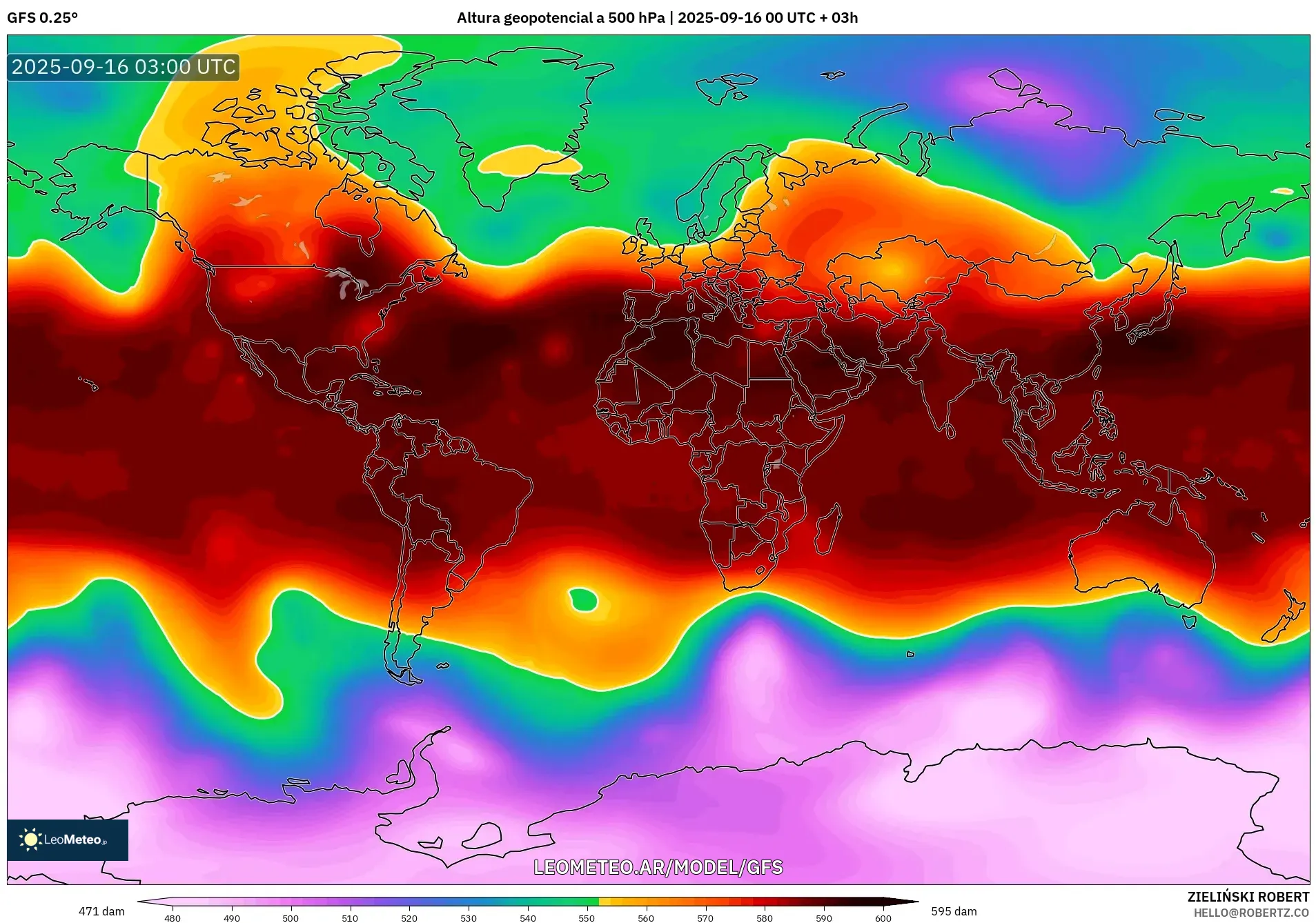 GFS model - Mundo, Altura geopotencial a 500 hPa