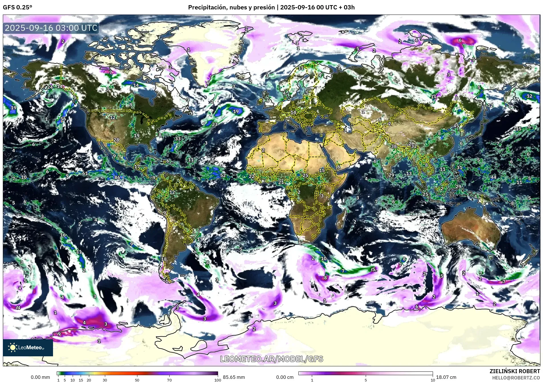 GFS model - Mundo, Precipitación, nubes y presión