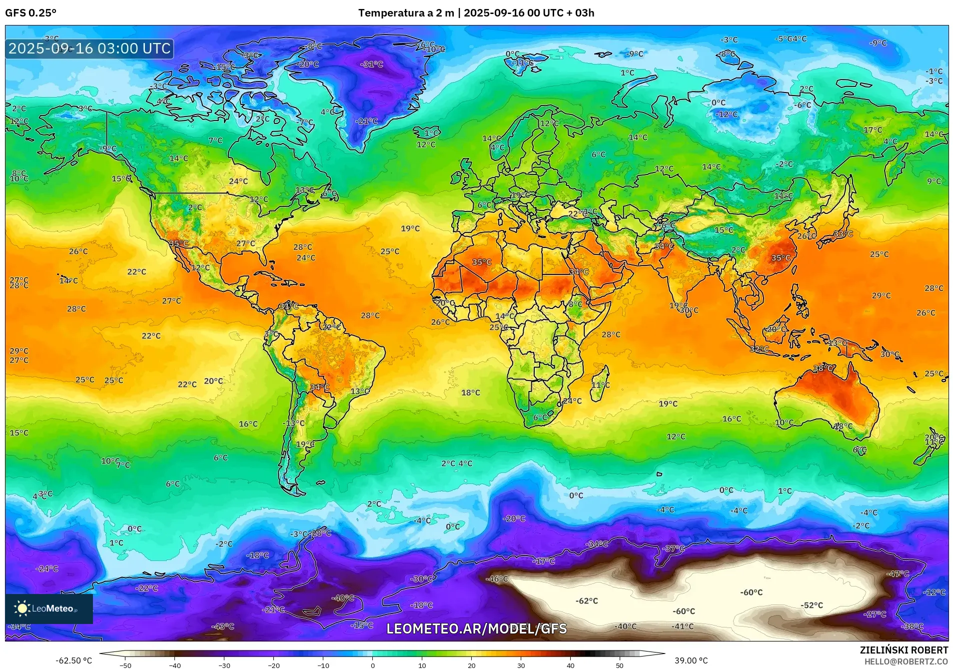 GFS model - Mundo, Temperatura a 2 m GFS model - Mundo, Temperatura a 2 m