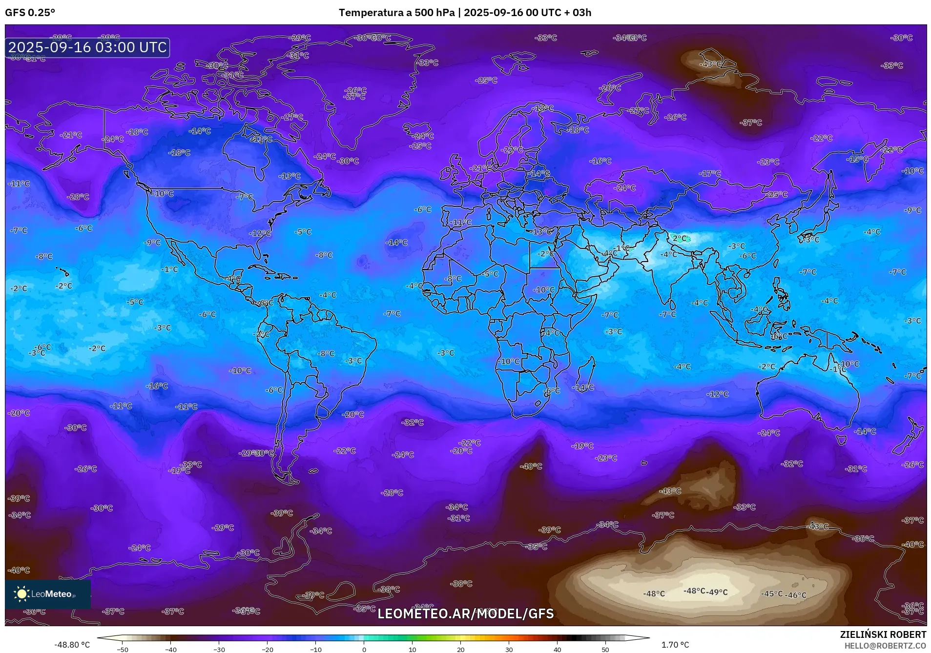 GFS model - Mundo, Temperatura a 500 hPa