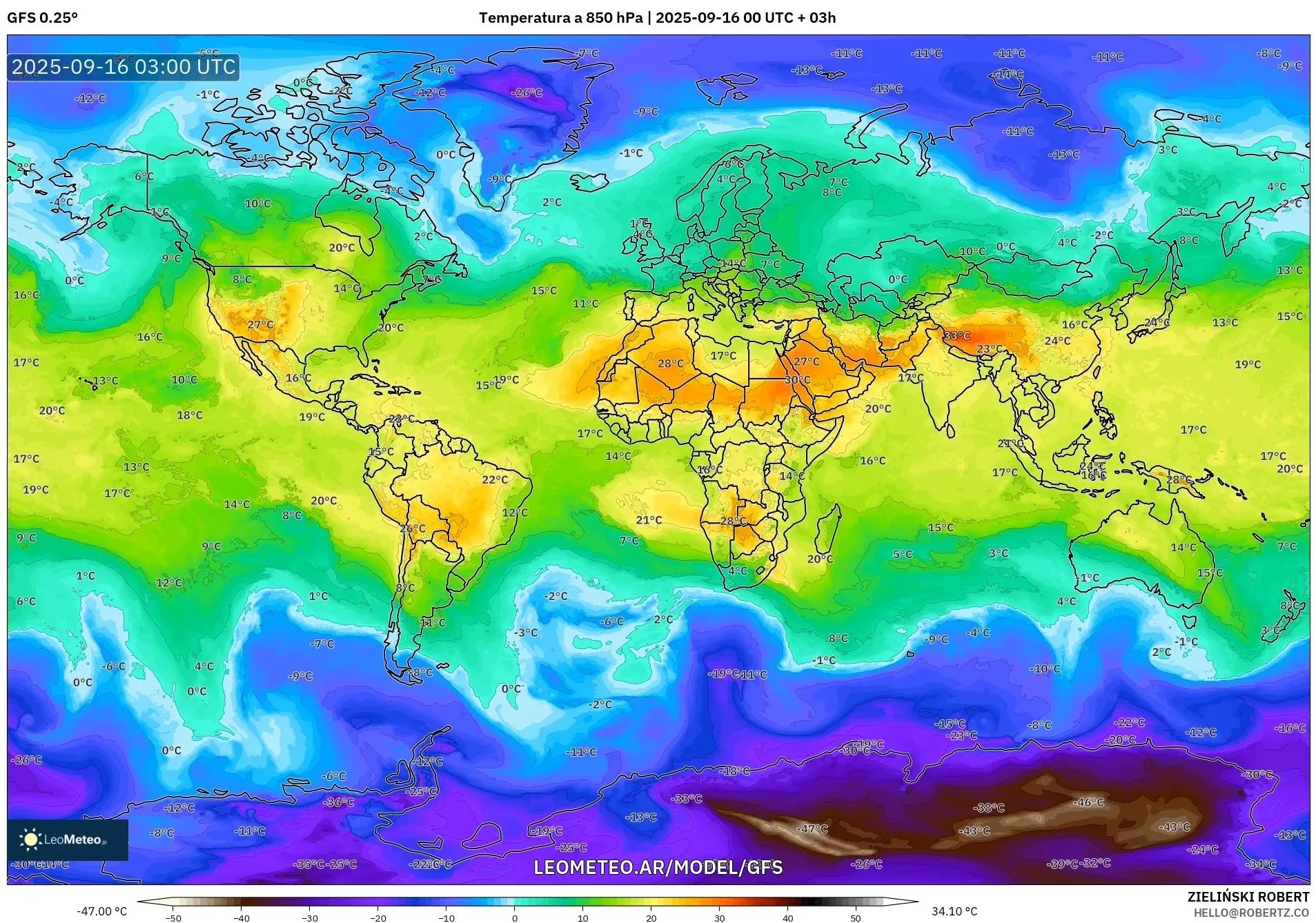 GFS model - Mundo, Temperatura a 850 hPa
