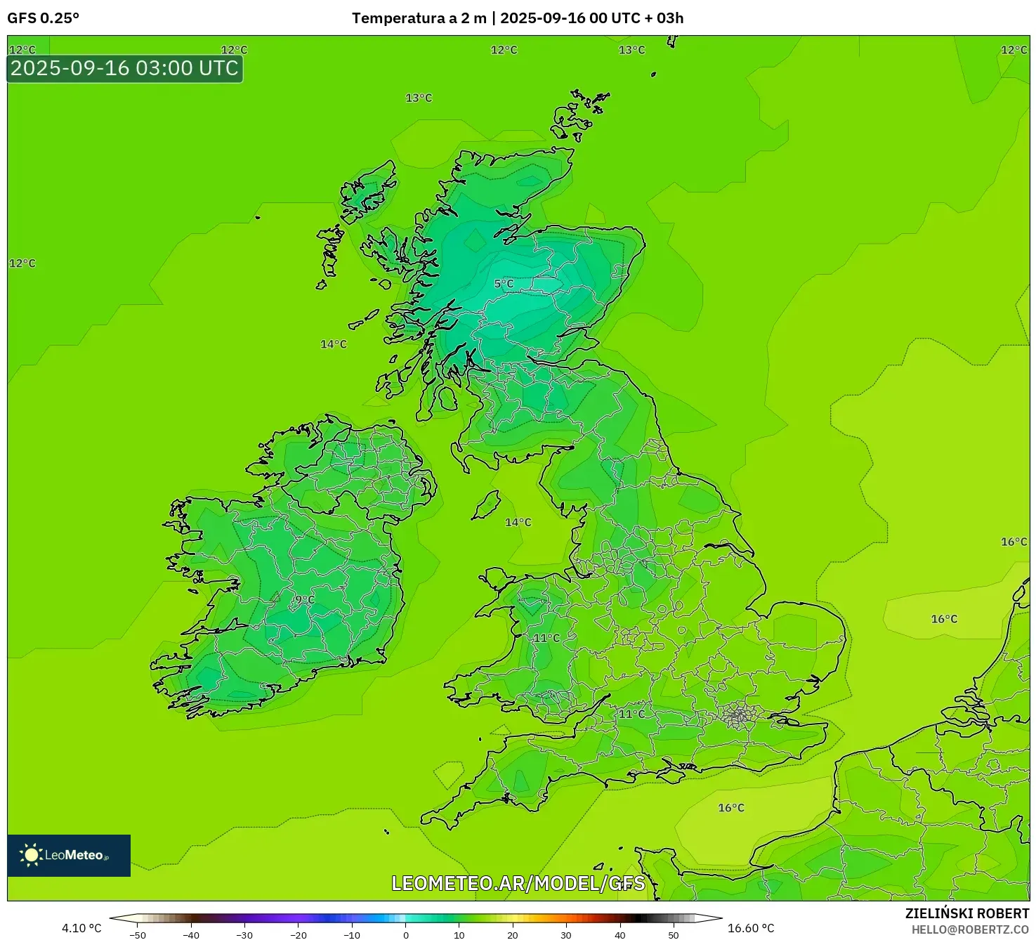 GFS model - Reino Unido, Temperatura a 2 m