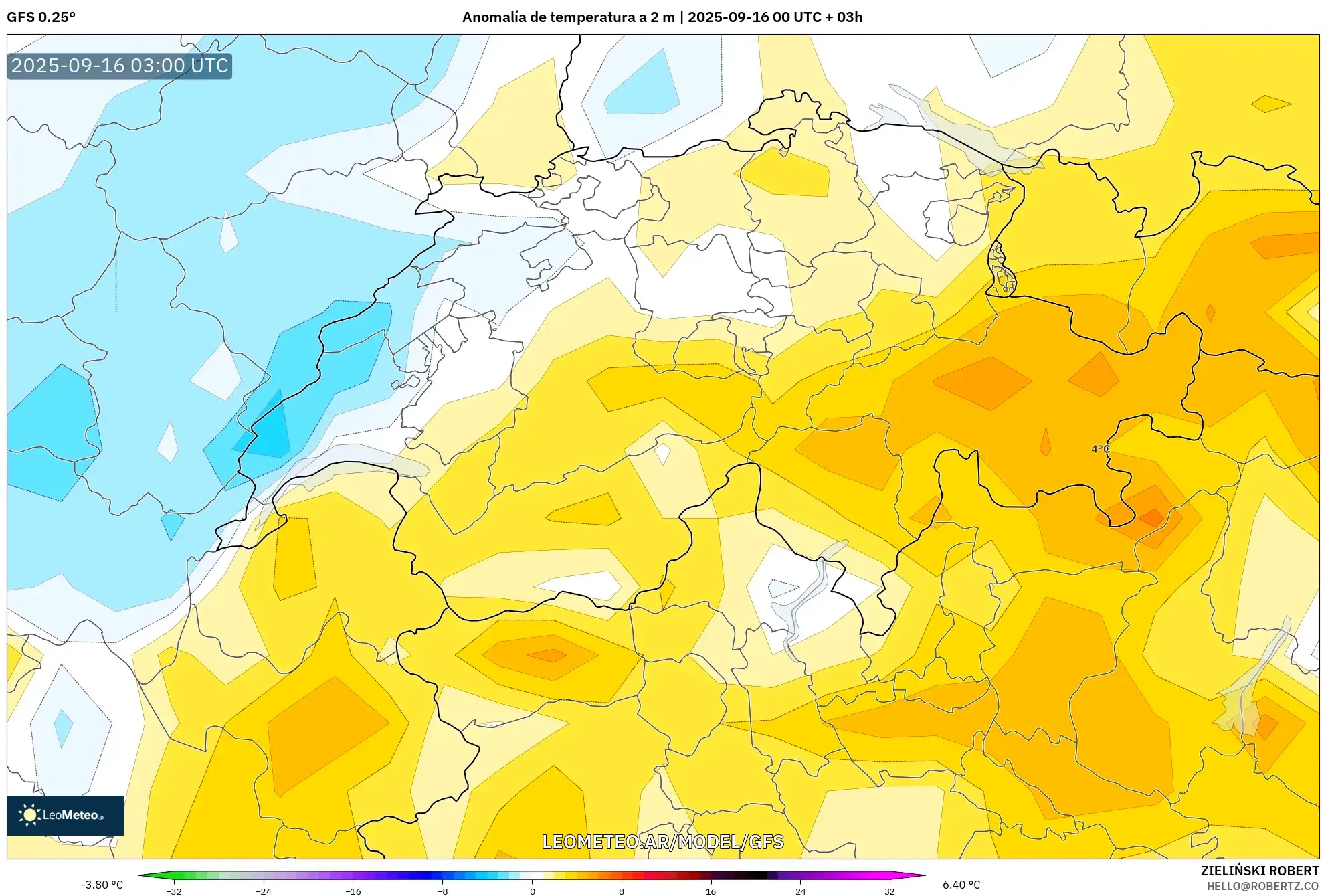 GFS model - Suiza, Anomalía de temperatura a 2 m GFS model - Suiza, Anomalía de temperatura a 2 m