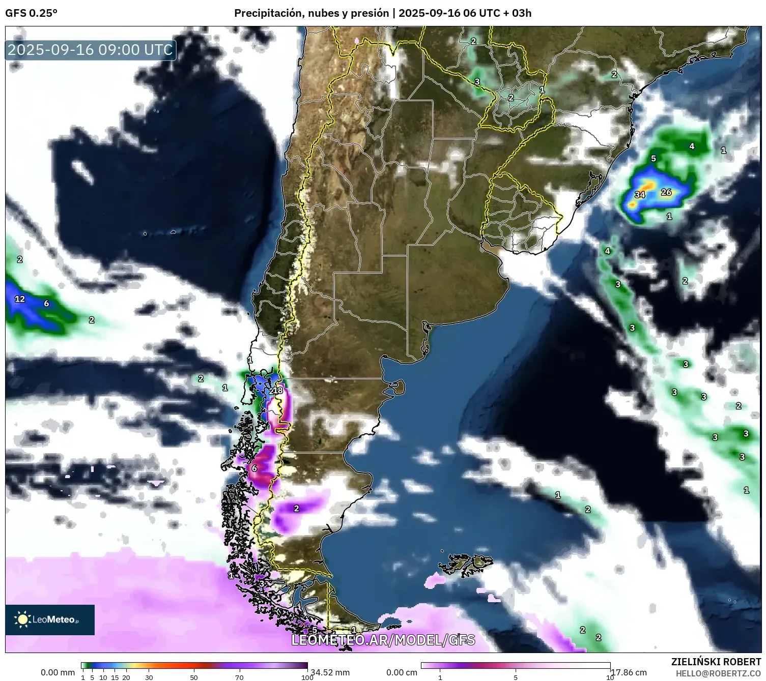 GFS model - Argentina, Precipitación, nubes y presión GFS model - Argentina, Precipitación, nubes y presión
