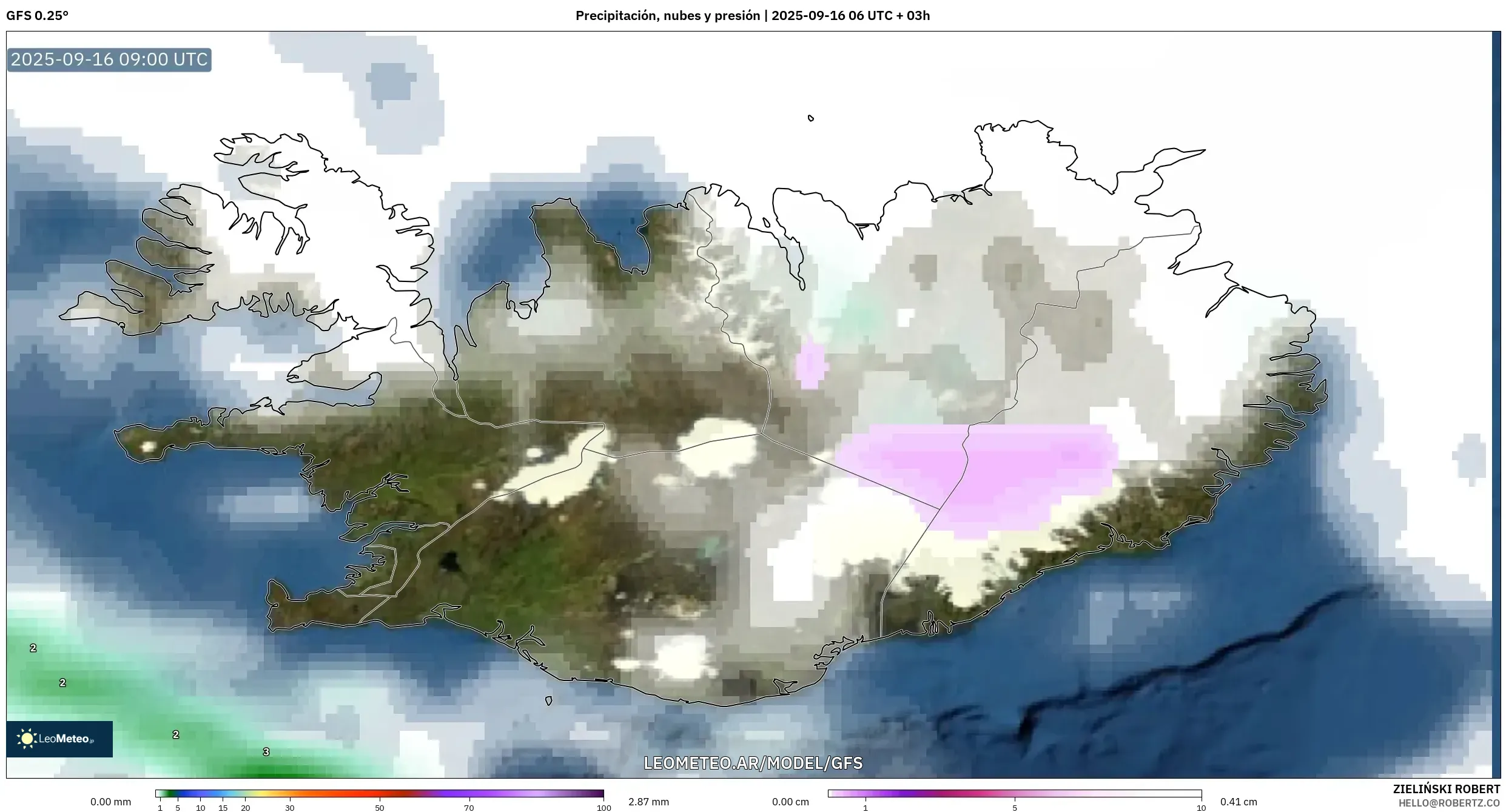 GFS model - Islandia, Precipitación, nubes y presión GFS model - Islandia, Precipitación, nubes y presión