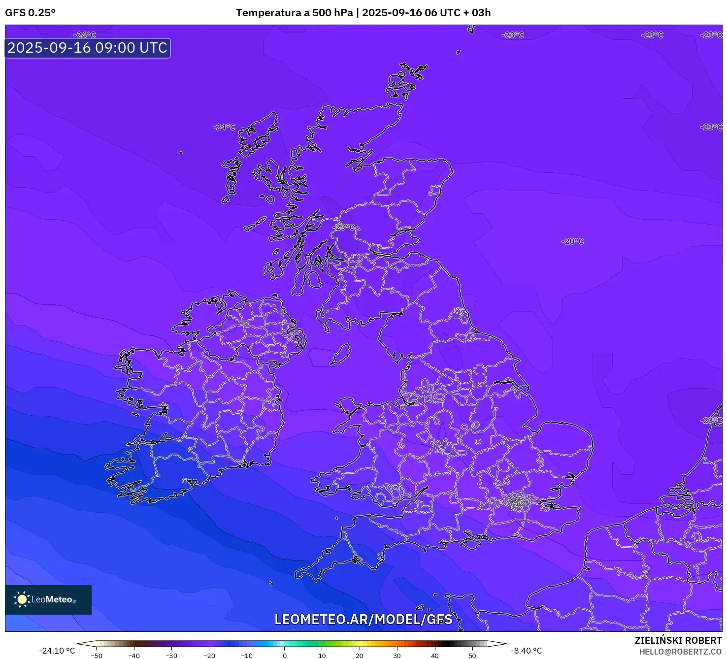 GFS model - Reino Unido, Temperatura a 500 hPa