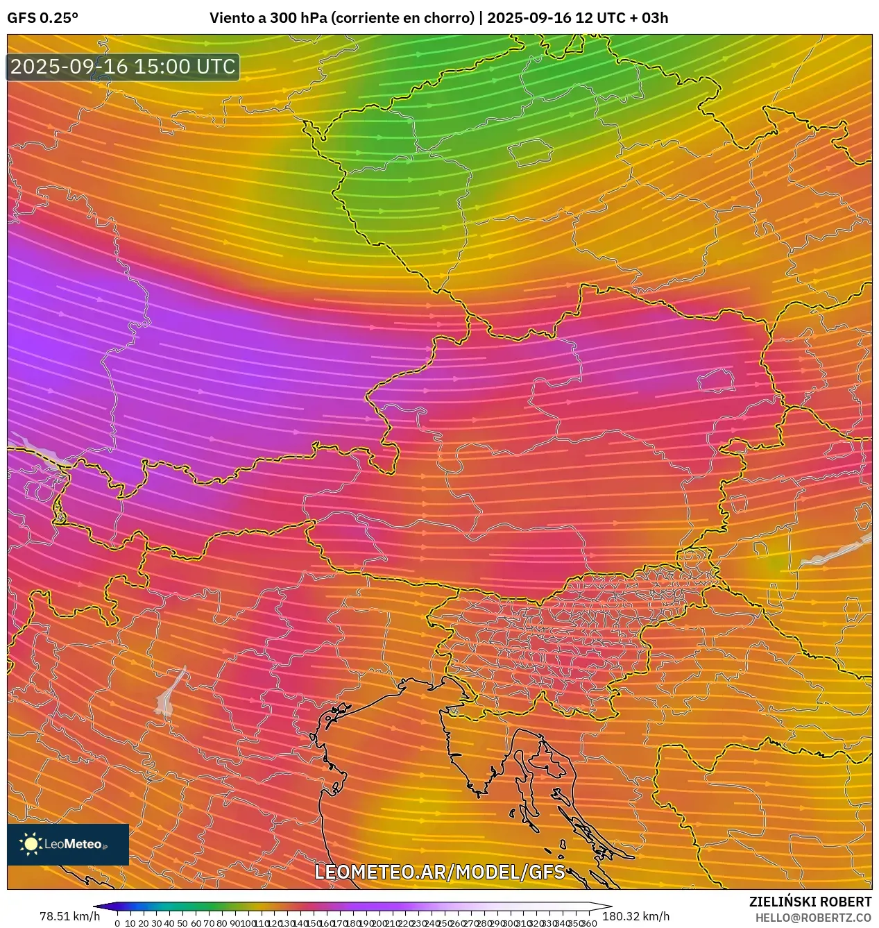 GFS model - Austria, Viento a 300 hPa (corriente en chorro)
