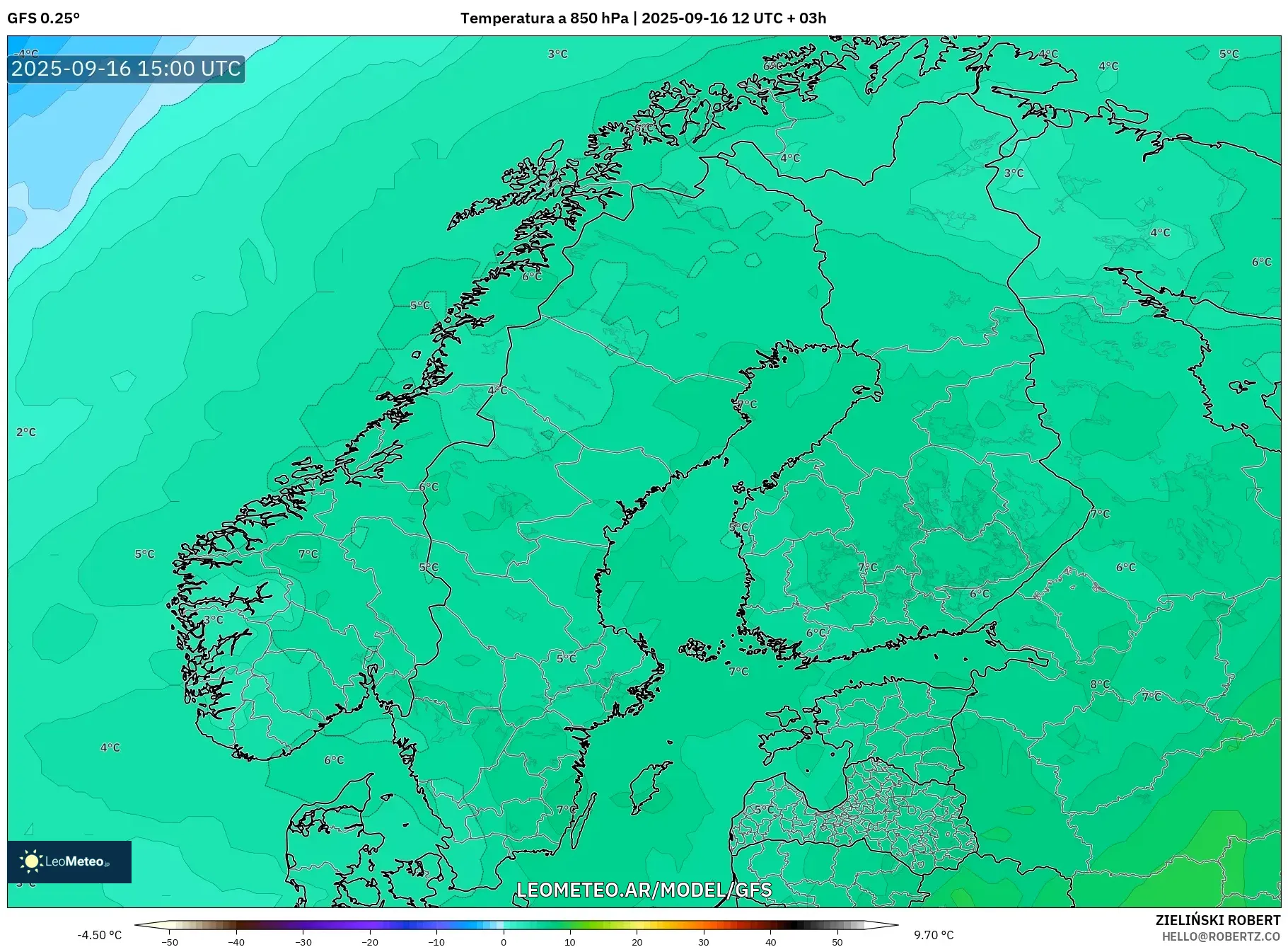 GFS model - Escandinavia, Temperatura a 850 hPa