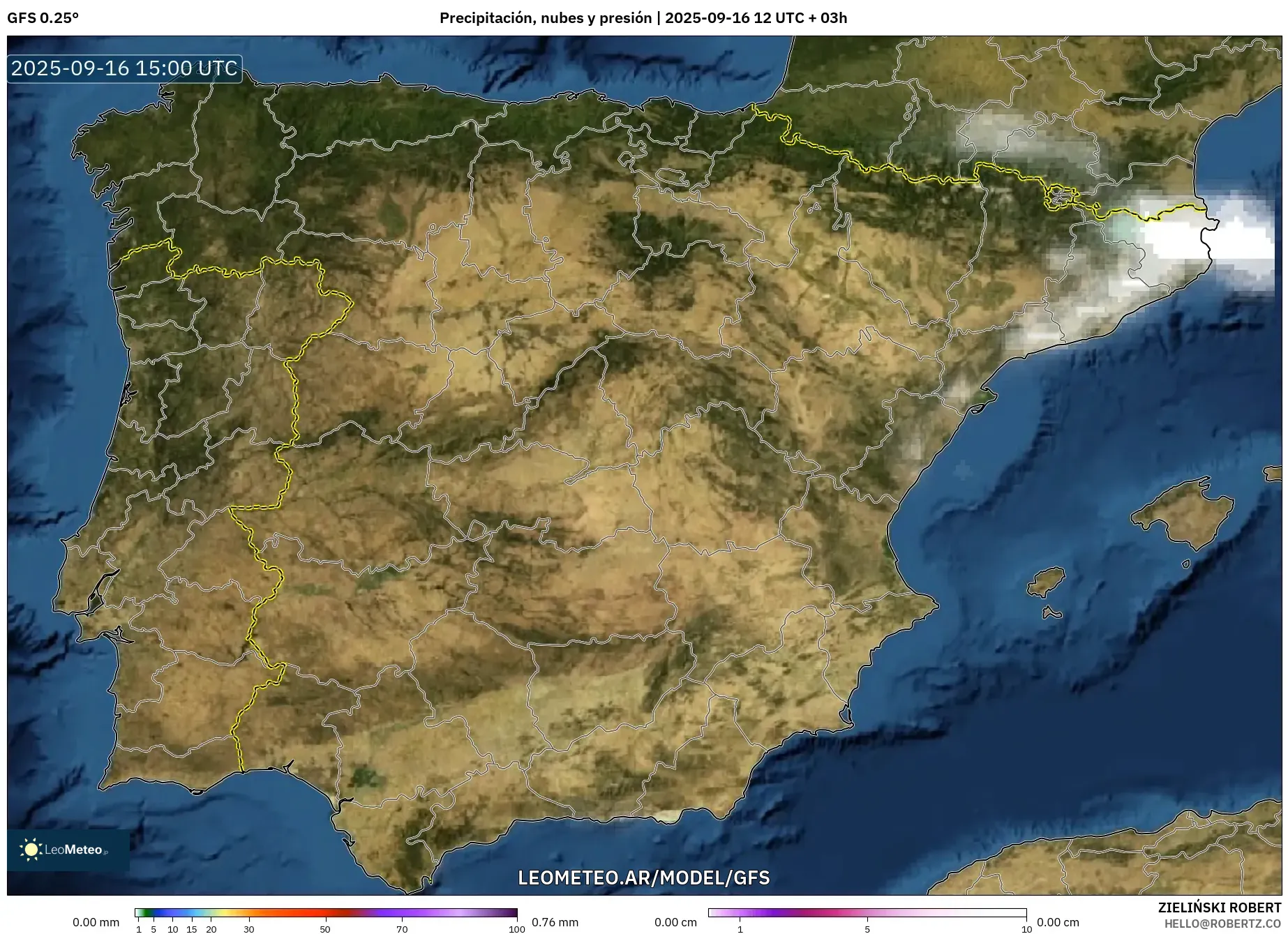 GFS model - España, Precipitación, nubes y presión GFS model - España, Precipitación, nubes y presión