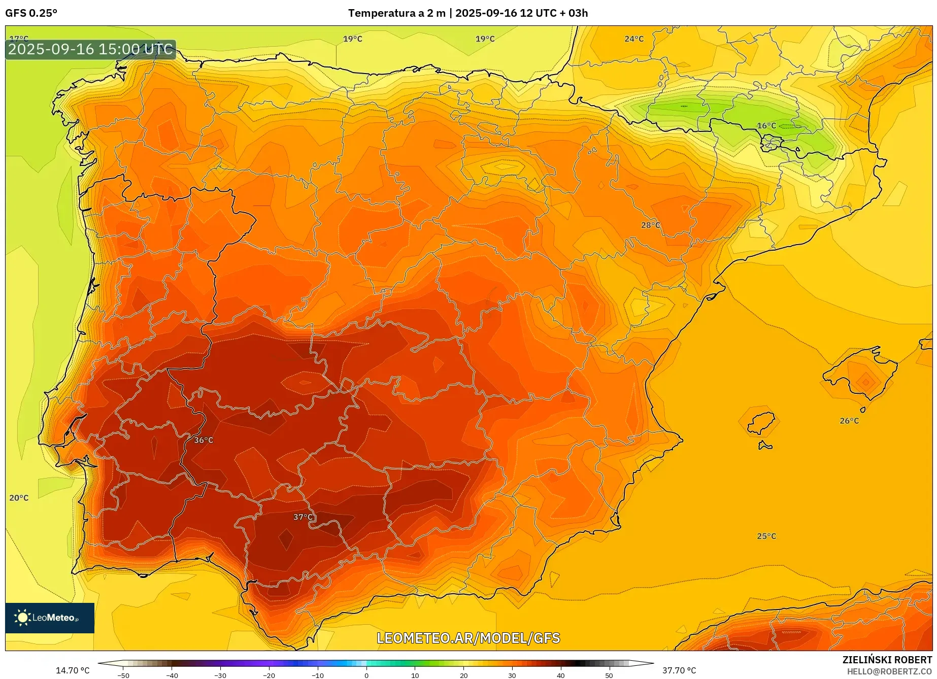 GFS model - España, Temperatura a 2 m