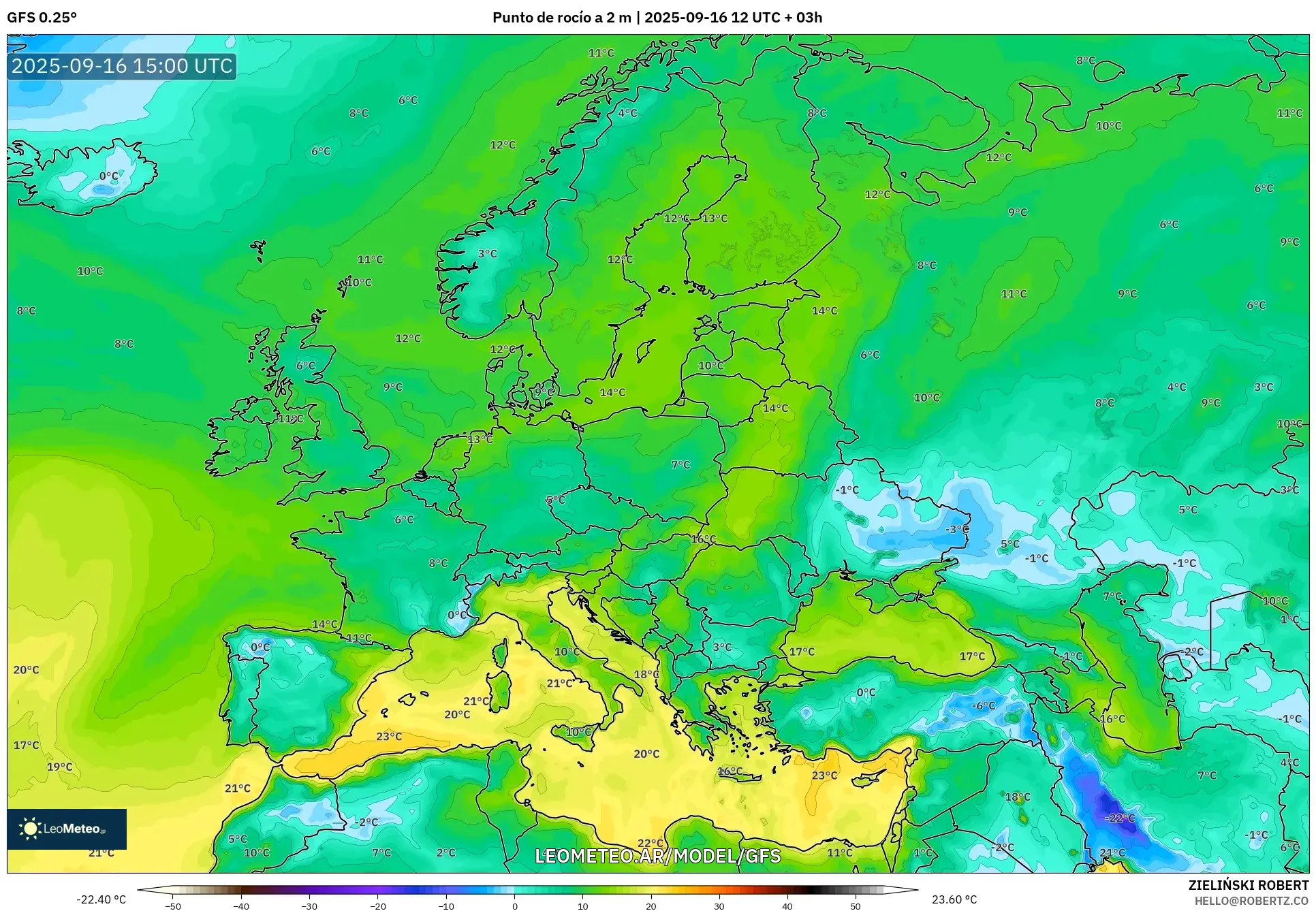 GFS model - Europa, Punto de rocío a 2 m GFS model - Europa, Punto de rocío a 2 m