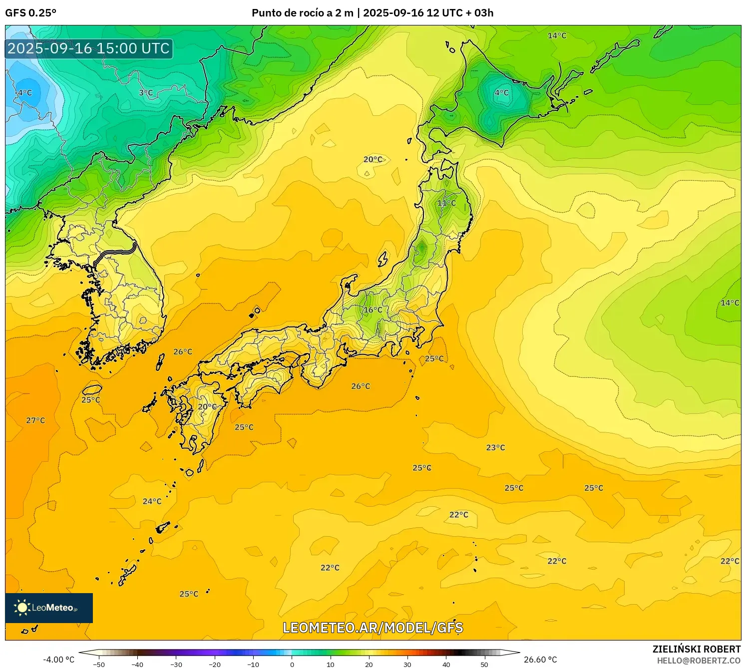 GFS model - Japón, Punto de rocío a 2 m