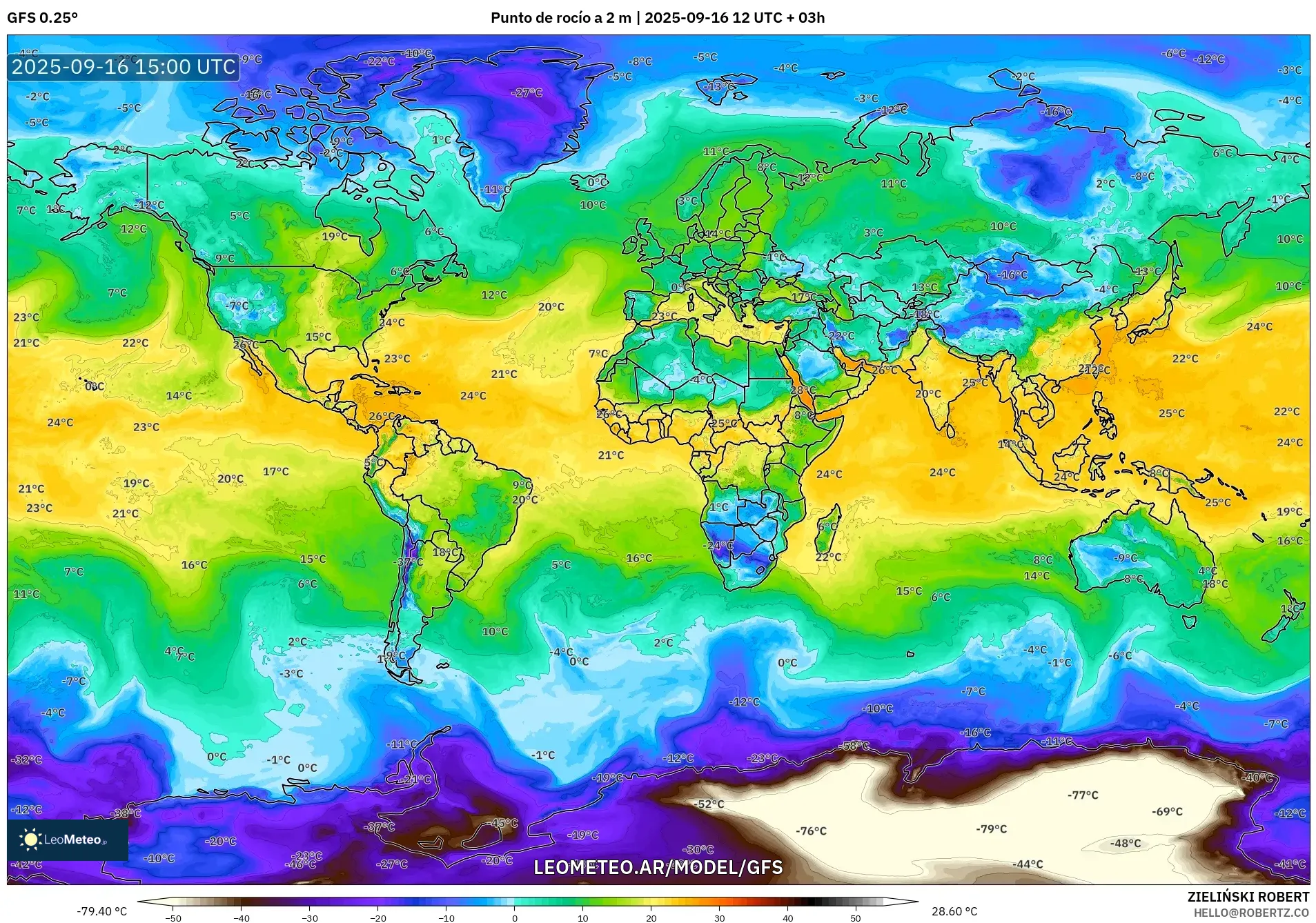 GFS model - Mundo, Punto de rocío a 2 m