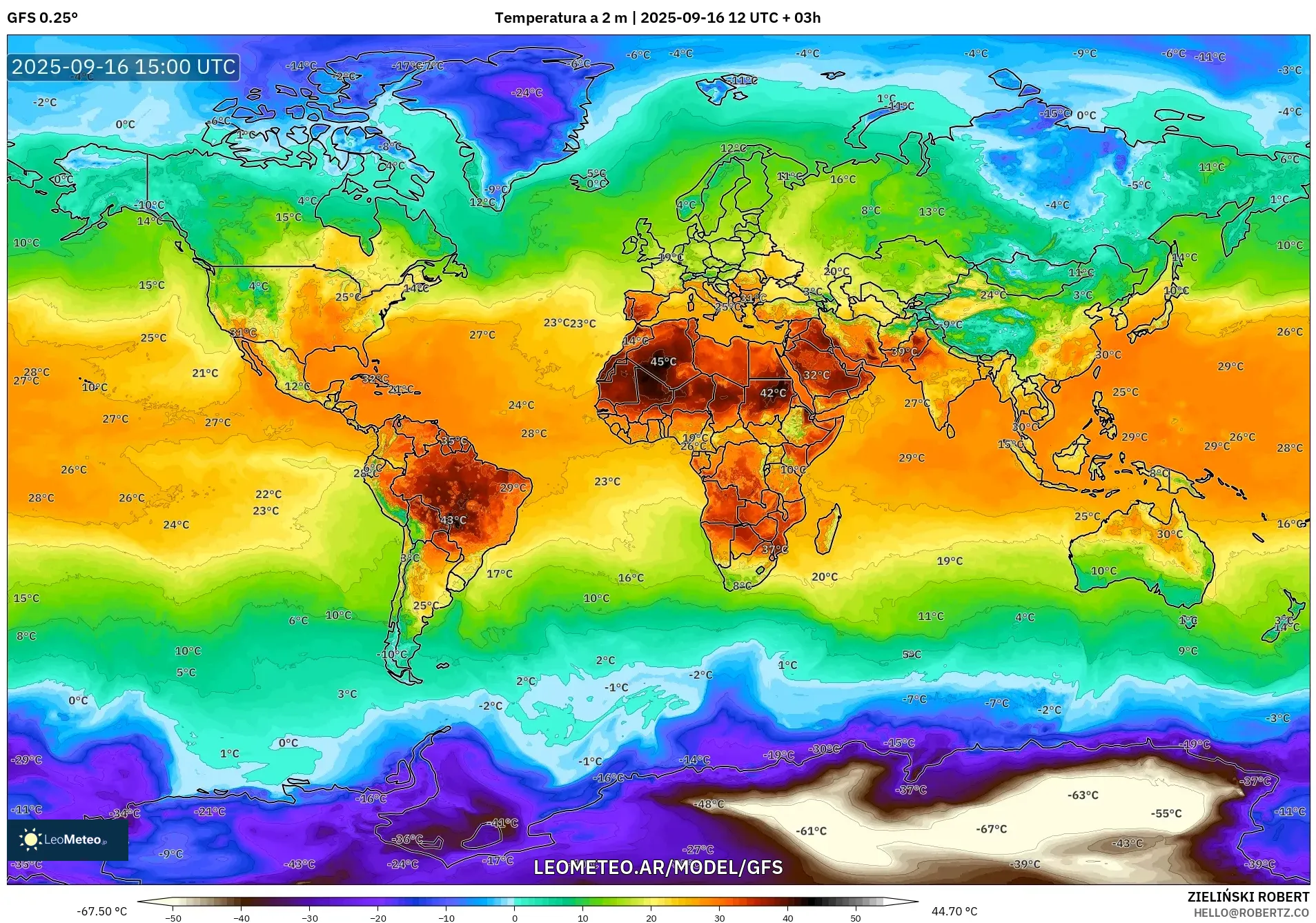 GFS model - Mundo, Temperatura a 2 m