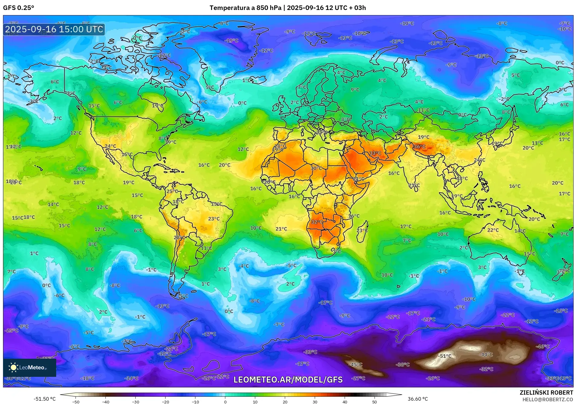 GFS model - Mundo, Temperatura a 850 hPa