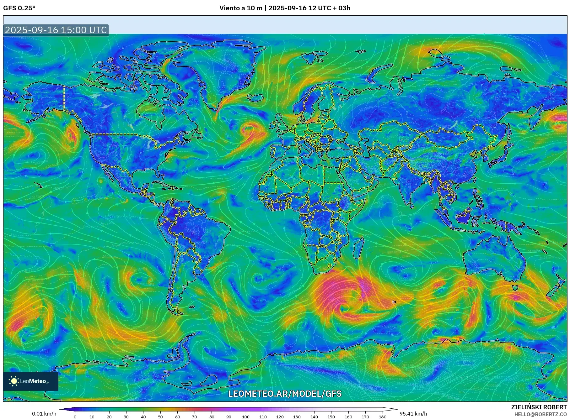 GFS model - Mundo, Viento a 10 m GFS model - Mundo, Viento a 10 m