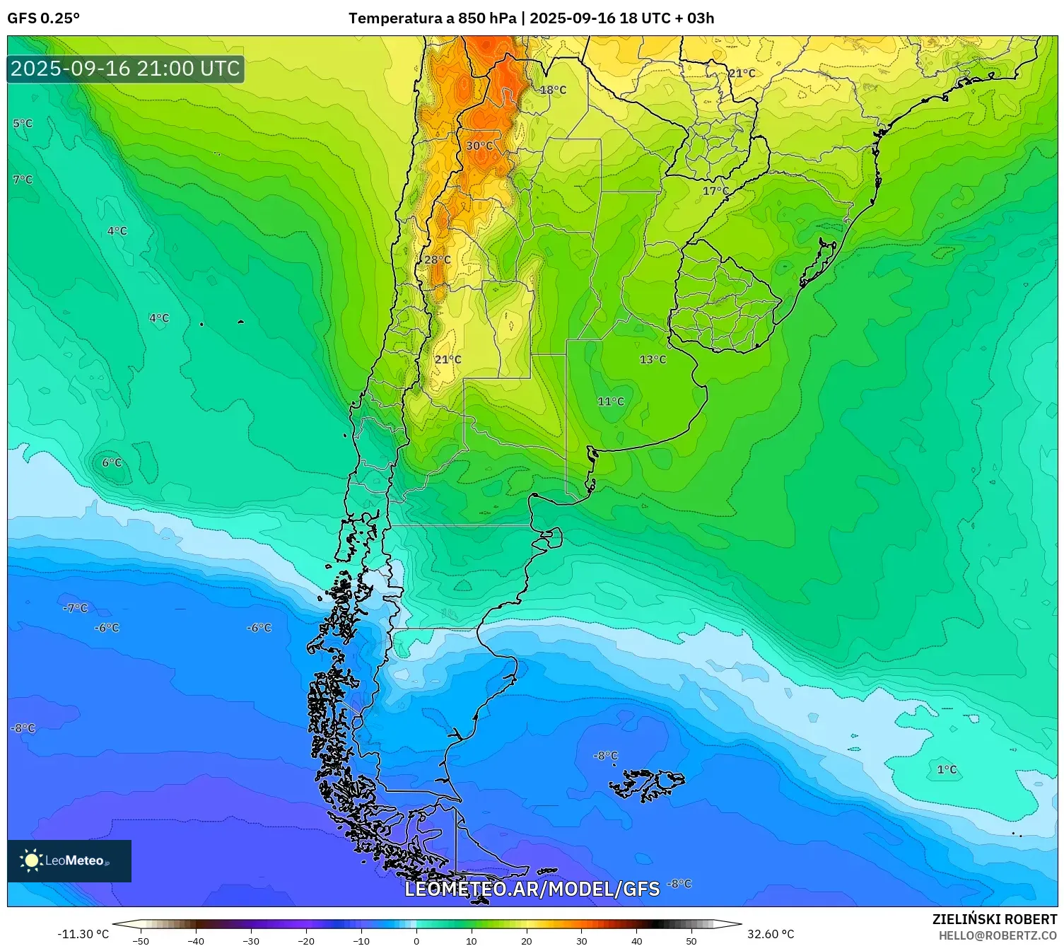 GFS model - Argentina, Temperatura a 850 hPa