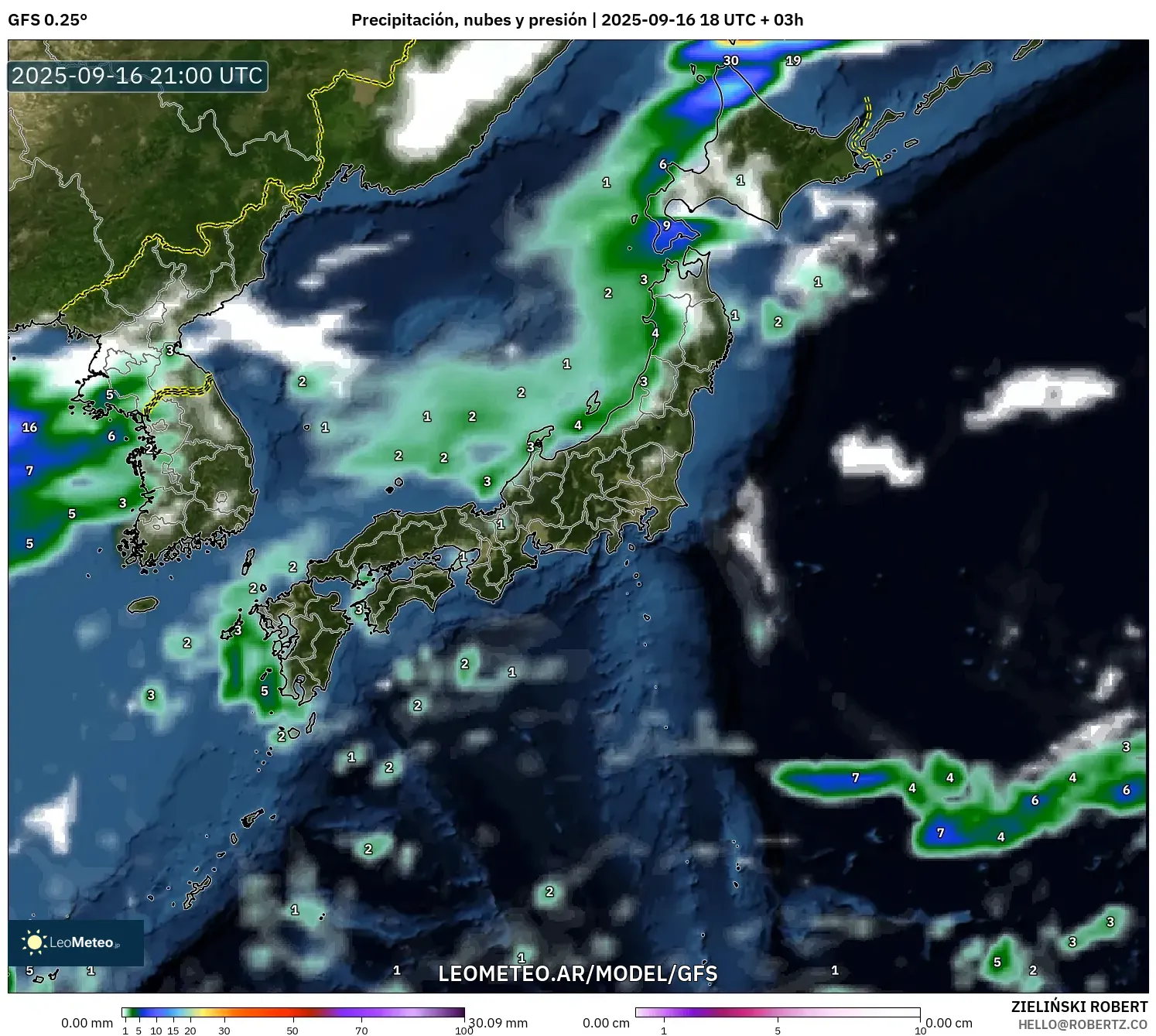 GFS model - Japón, Precipitación, nubes y presión
