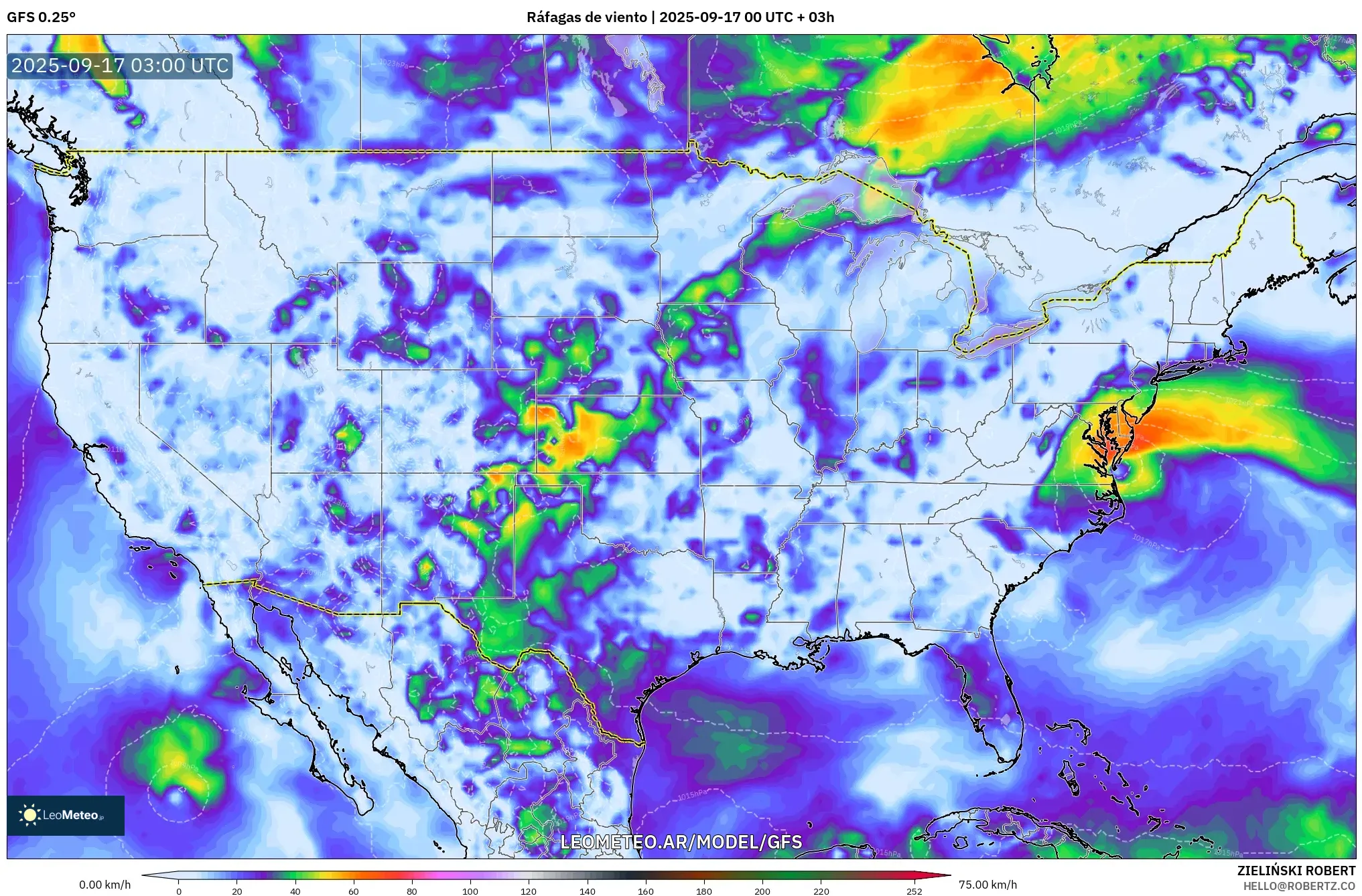 GFS model - Estados Unidos, Ráfagas de viento