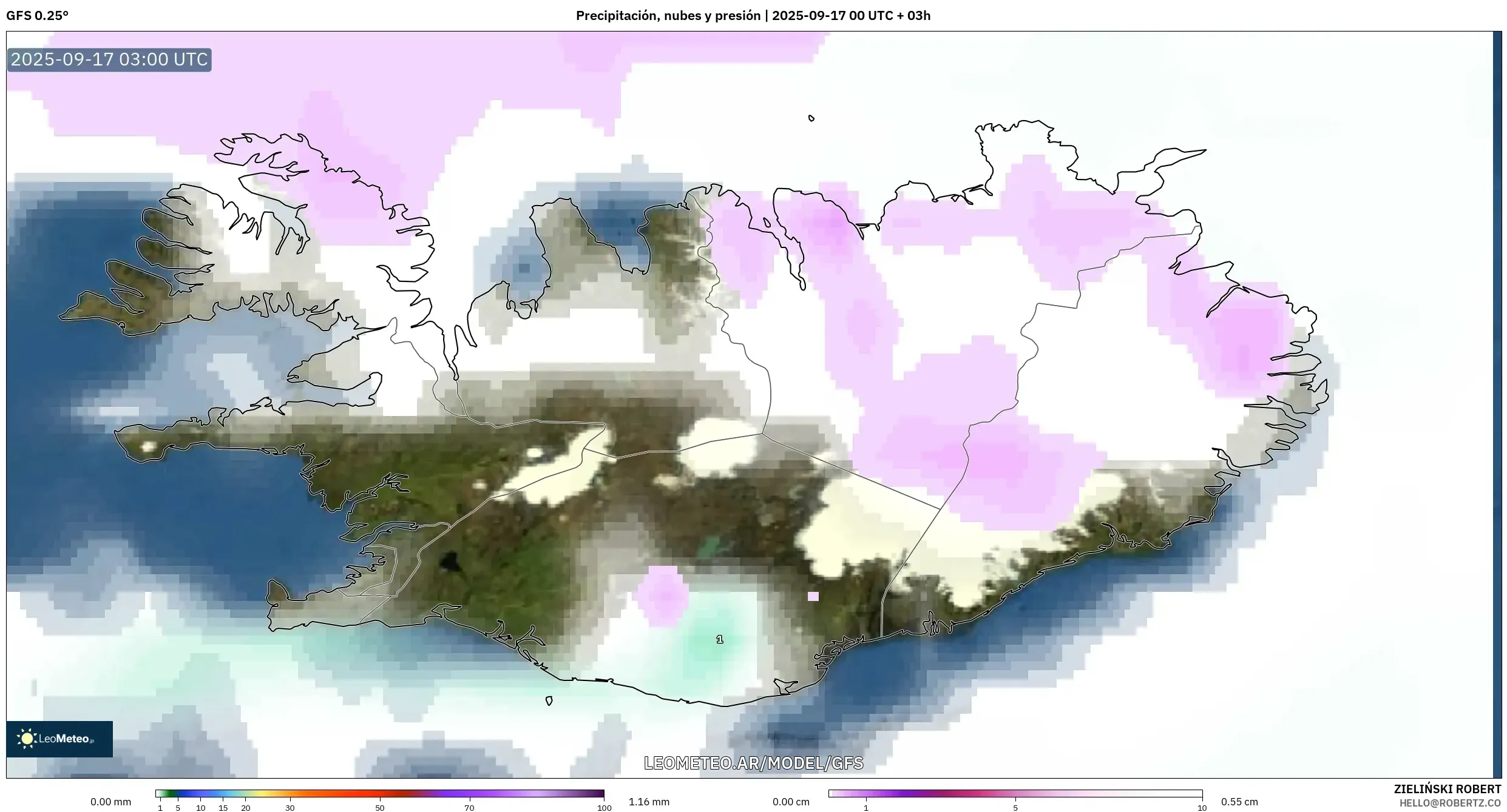 GFS model - Islandia, Precipitación, nubes y presión