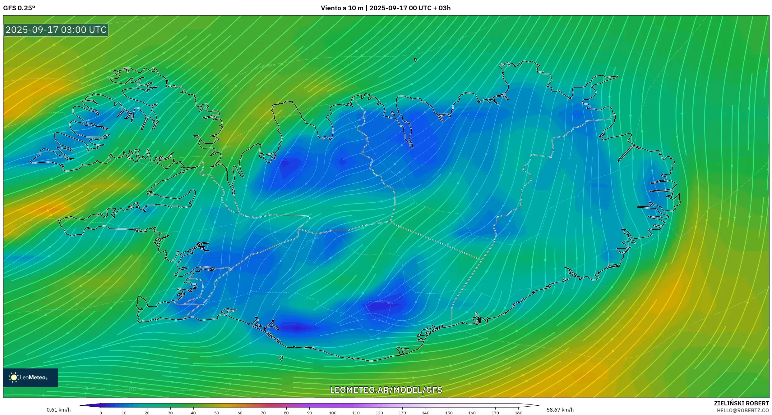 GFS model - Islandia, Viento a 10 m GFS model - Islandia, Viento a 10 m