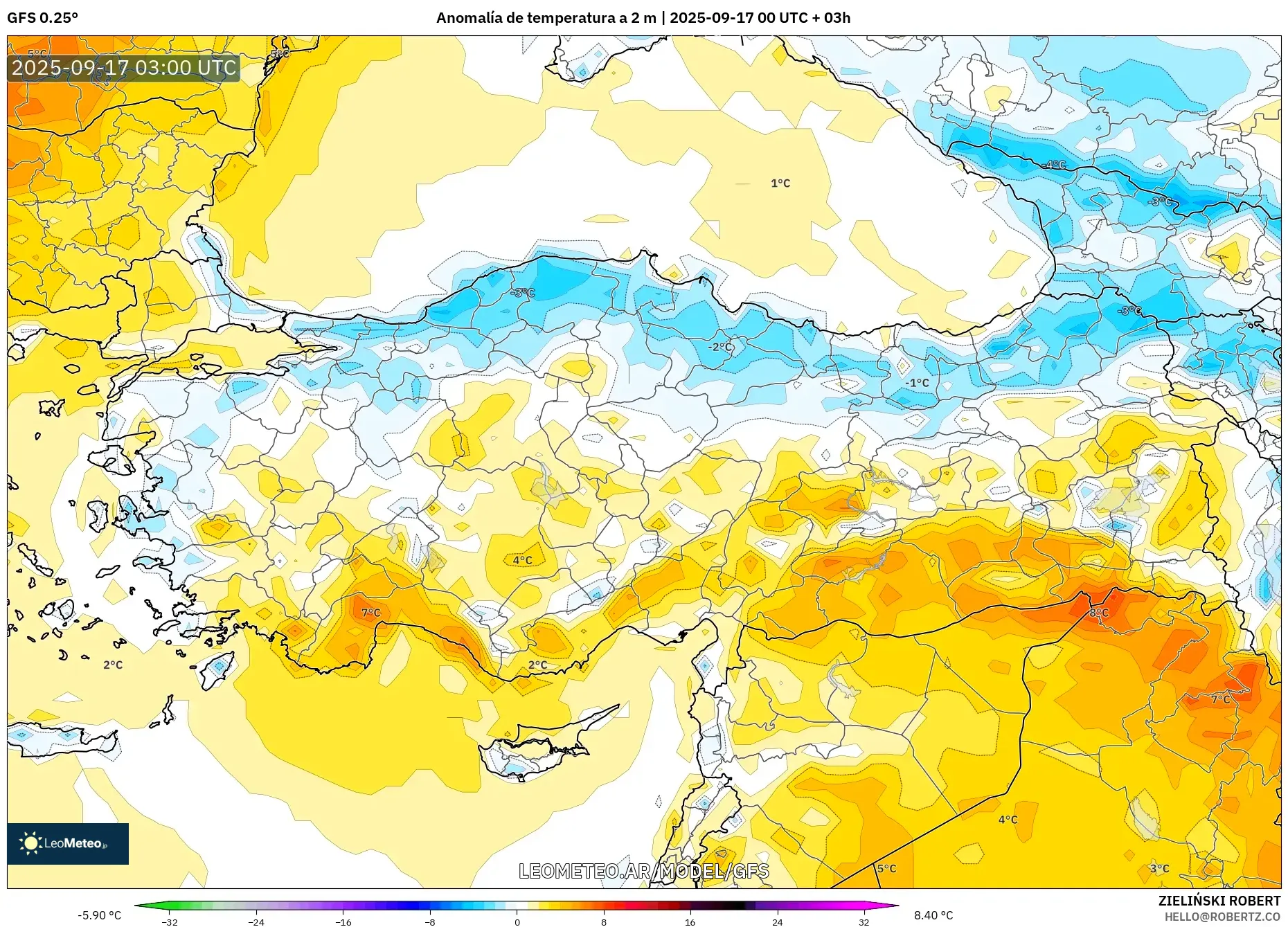 GFS model - Turquía, Anomalía de temperatura a 2 m