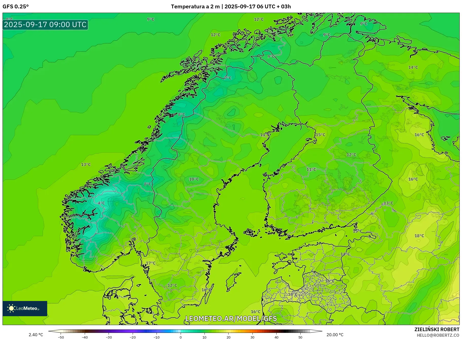 GFS model - Escandinavia, Temperatura a 2 m