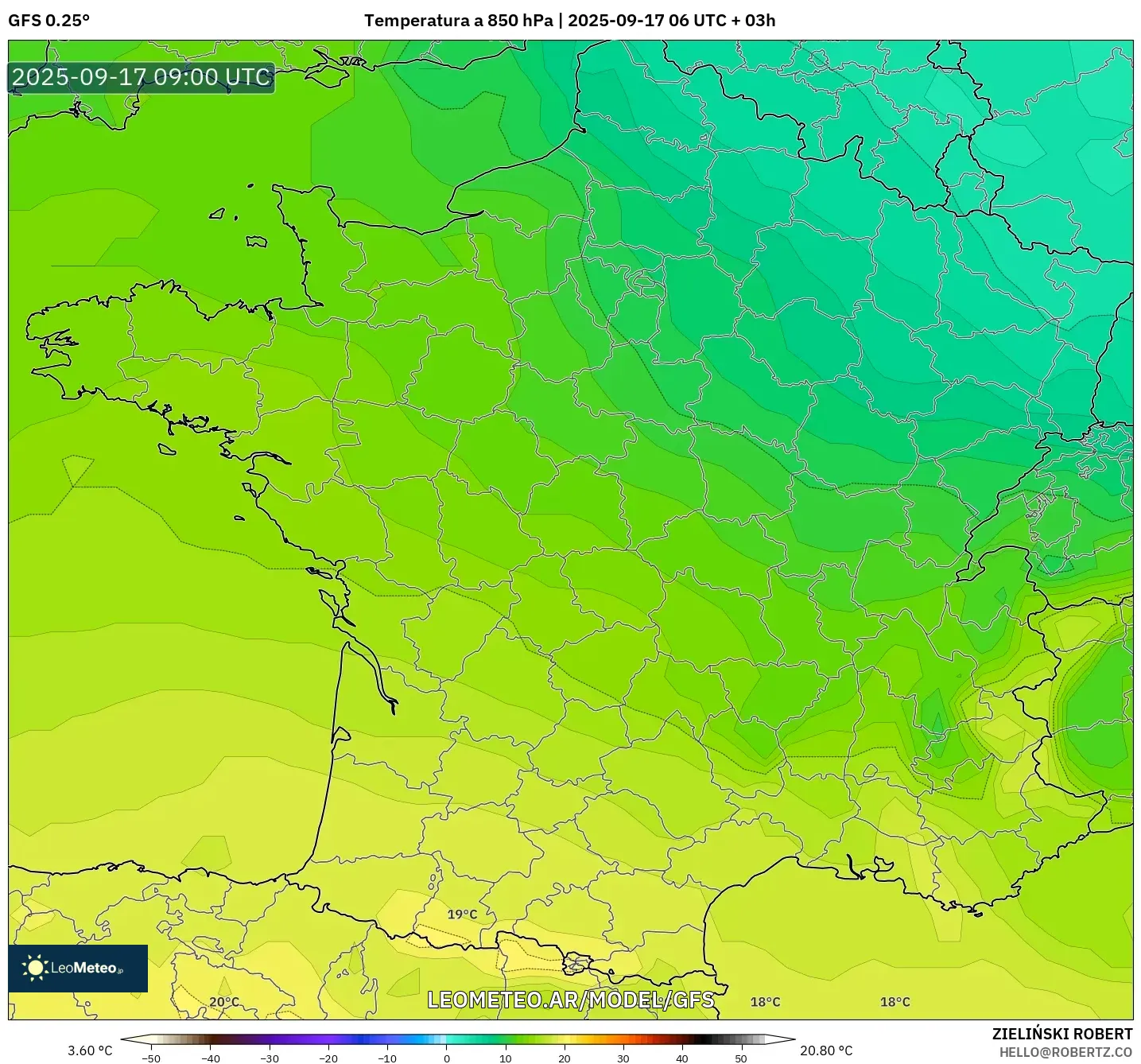 GFS model - Francia, Temperatura a 850 hPa