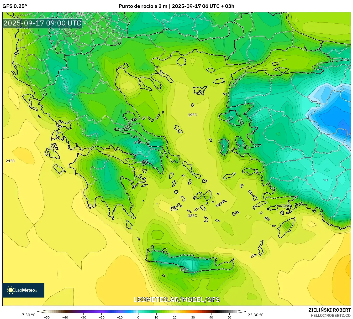 GFS model - Grecia, Punto de rocío a 2 m