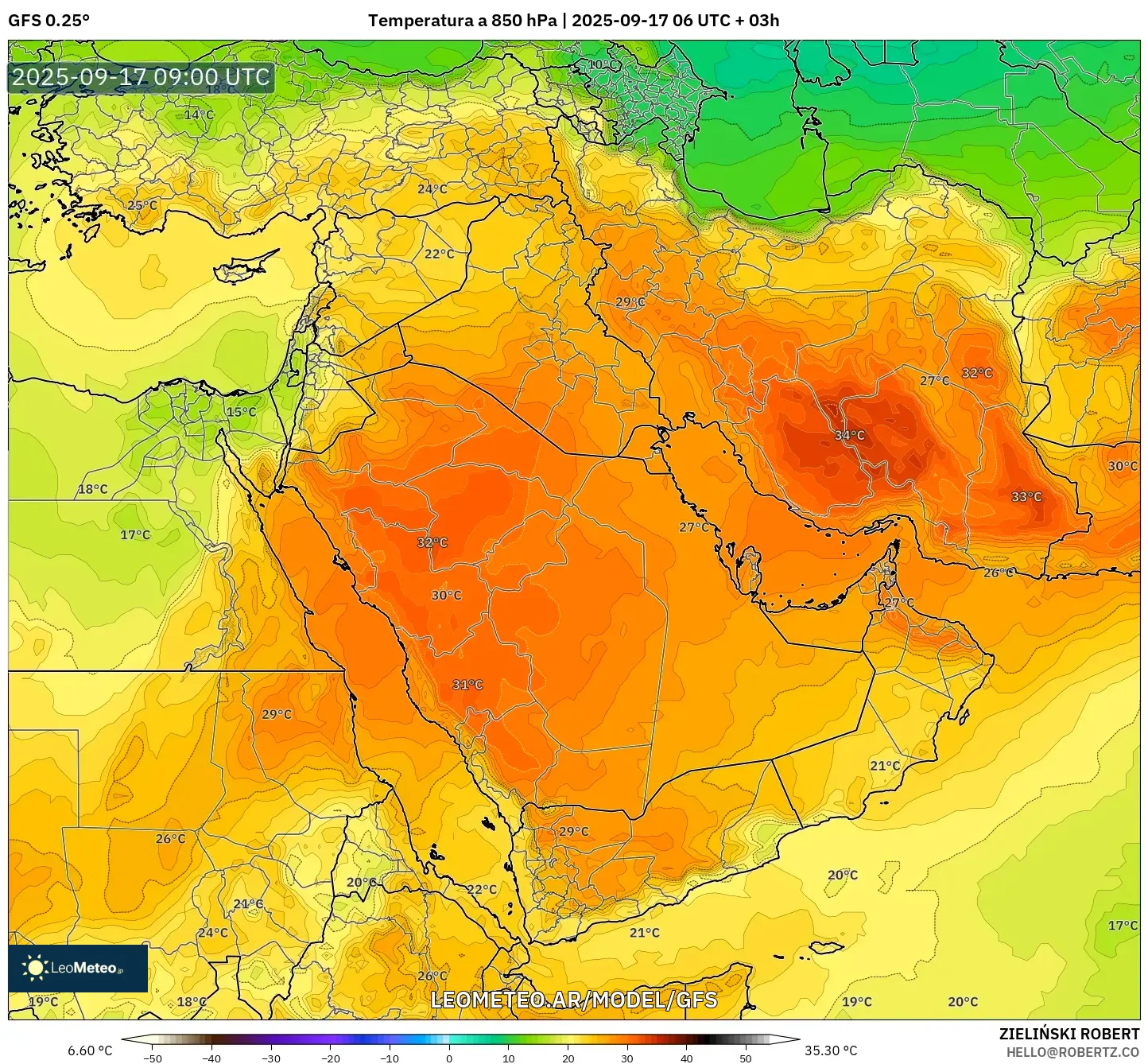 GFS model - Oriente Medio, Temperatura a 850 hPa GFS model - Oriente Medio, Temperatura a 850 hPa