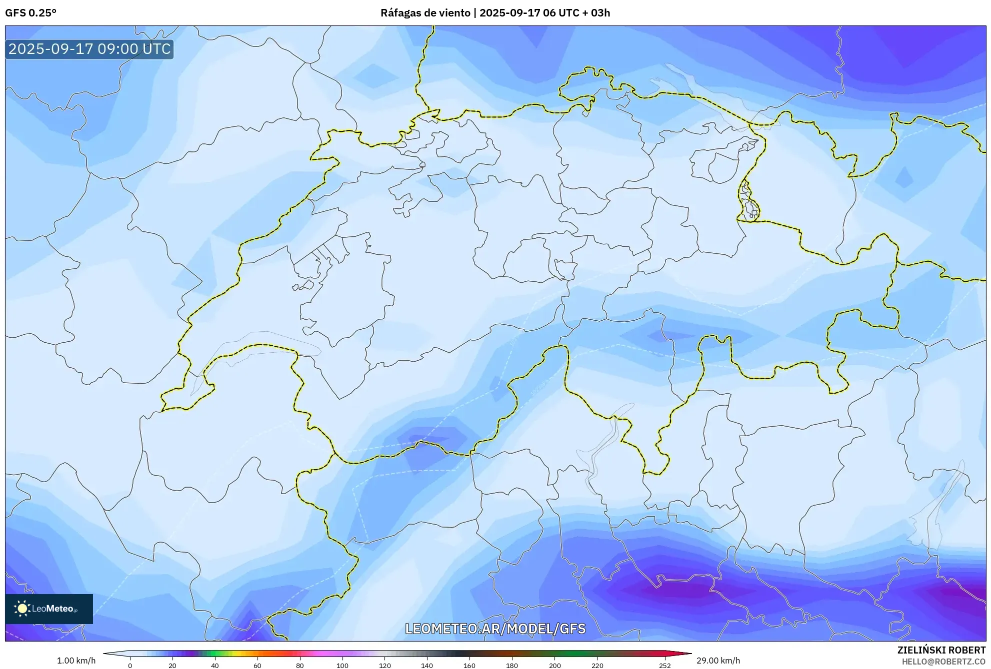 GFS model - Suiza, Ráfagas de viento