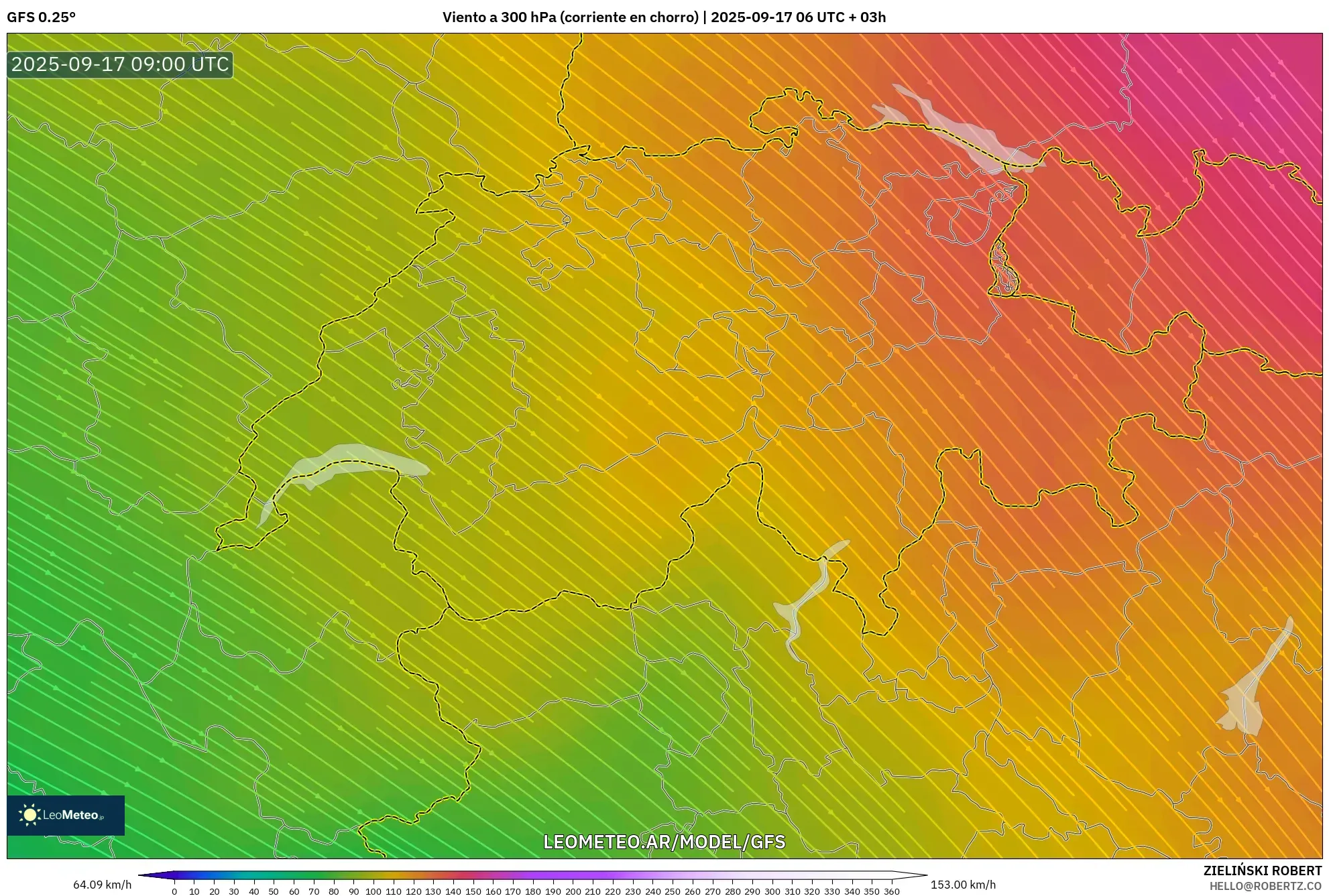 GFS model - Suiza, Viento a 300 hPa (corriente en chorro) GFS model - Suiza, Viento a 300 hPa (corriente en chorro)