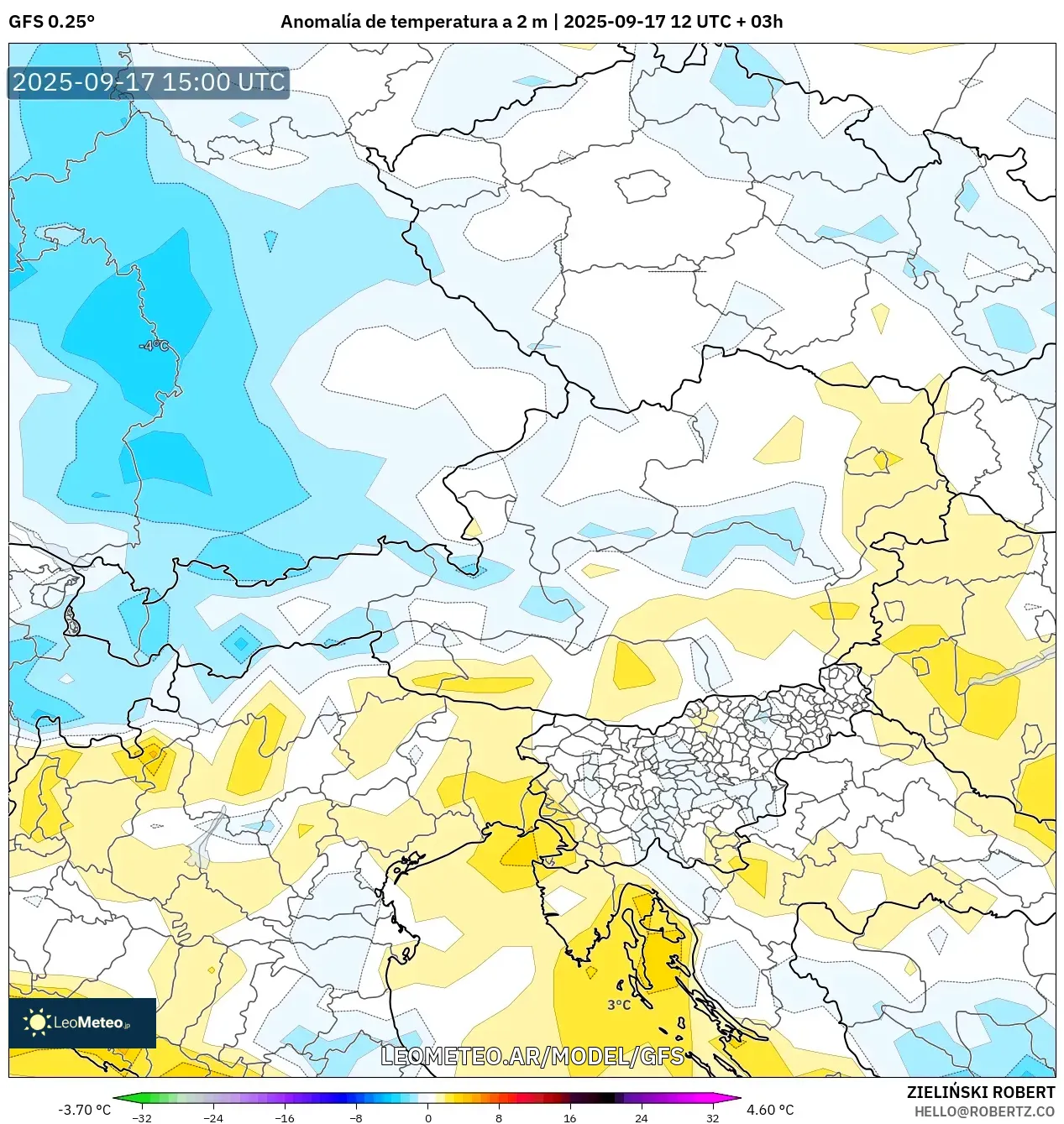 GFS model - Austria, Anomalía de temperatura a 2 m