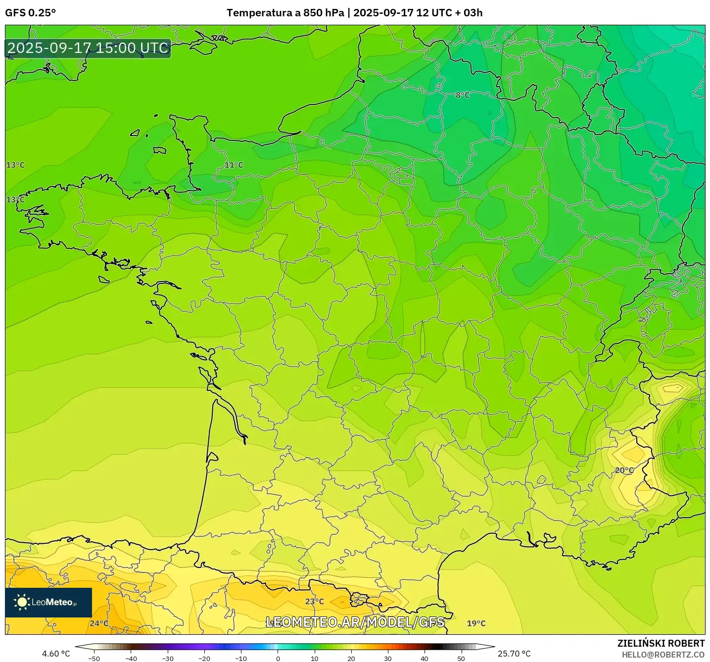 GFS model - Francia, Temperatura a 850 hPa