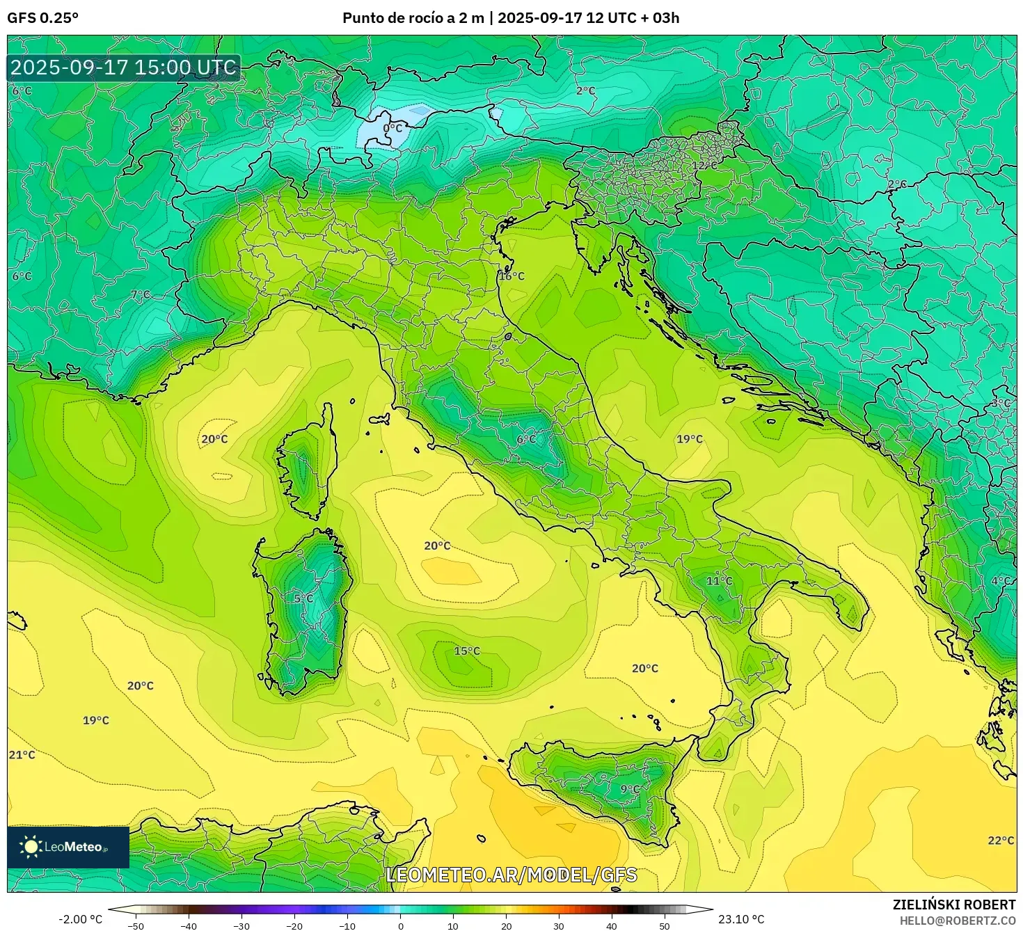 GFS model - Italia, Punto de rocío a 2 m