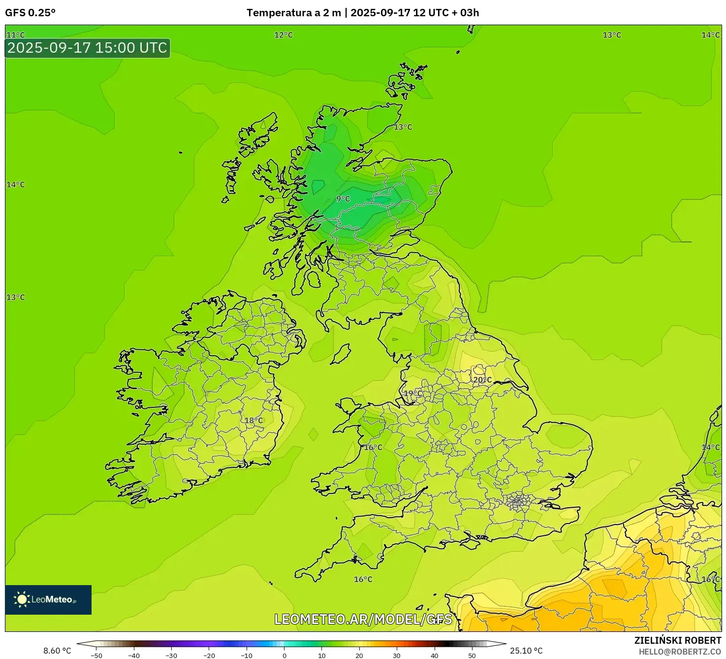 GFS model - Reino Unido, Temperatura a 2 m