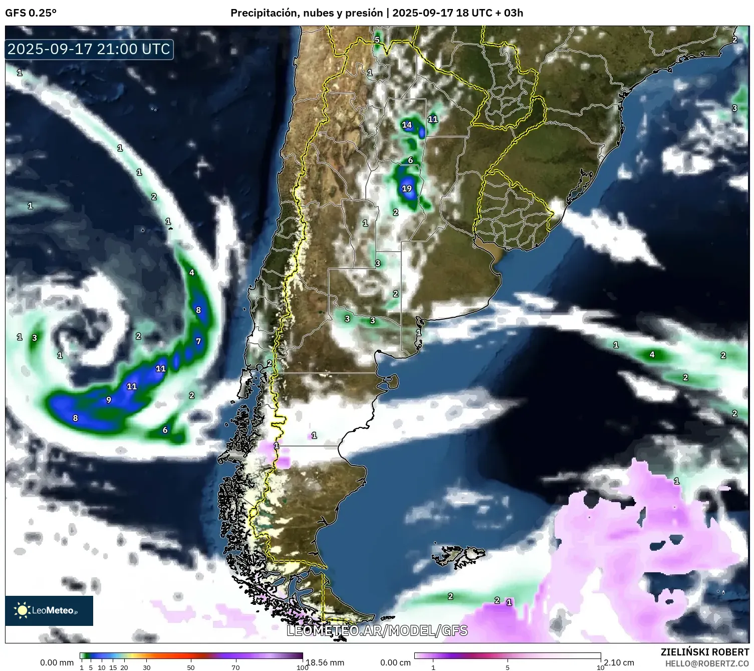 GFS model - Argentina, Precipitación, nubes y presión GFS model - Argentina, Precipitación, nubes y presión