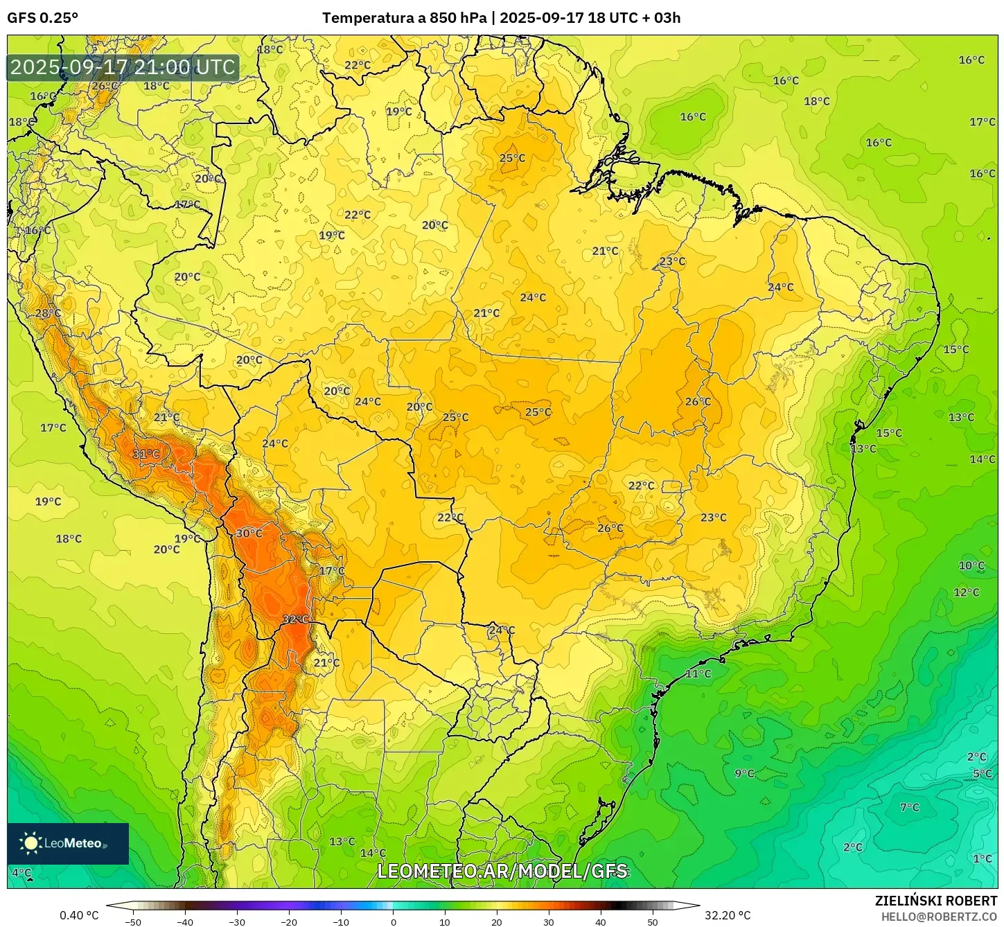 GFS model - Brasil, Temperatura a 850 hPa